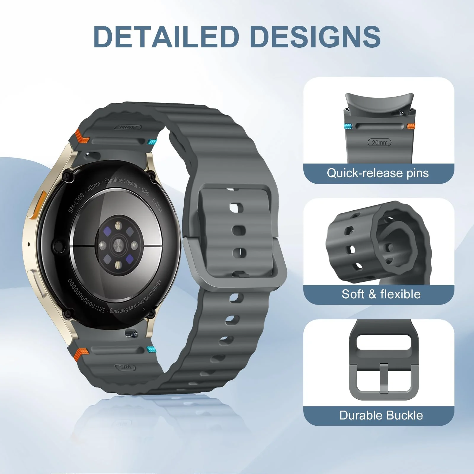 DL3 Mobilak No Gap Sport Bands For Samsung Galaxy Watch 7 6 5 4 FE Strap 40mm 44mm, Soft Silicone Sport Band for Galaxy Watch 6 Classic Straps 47mm 43mm/Galaxy Watch 5 Pro/Watch 4 Classic 42mm 46mm for Men Women - Gray