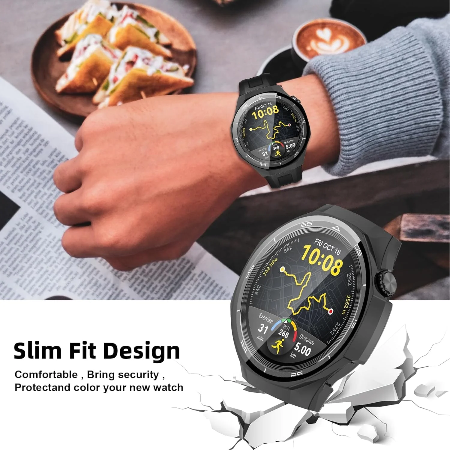 DL3 Mobilak Case with Screen Protector for Huawei Watch GT5 Pro 46mm, Bumper Full Coverage Hard PC Overall Protective Cover, Built-in Tempered Glass Film High Sensitivity - Black