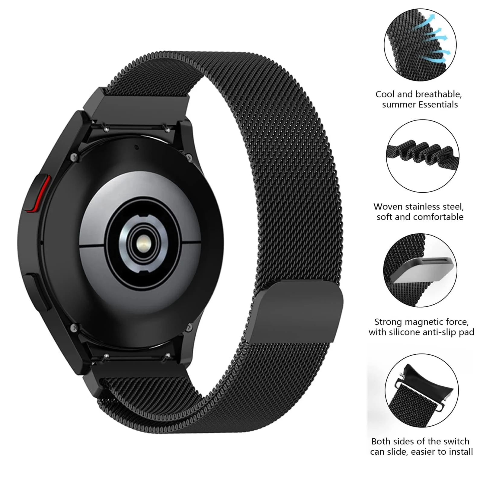 DL3 Mobilak No Gap Metal Band Compatible with Samsung Galaxy Watch 7 6 5 4 FE 40mm 44mm, Galaxy Watch 6 4 Classic 47mm 43mm 42mm 46mm/Watch 5 Pro 45mm, Stainless Steel Wristband Women Men - Black