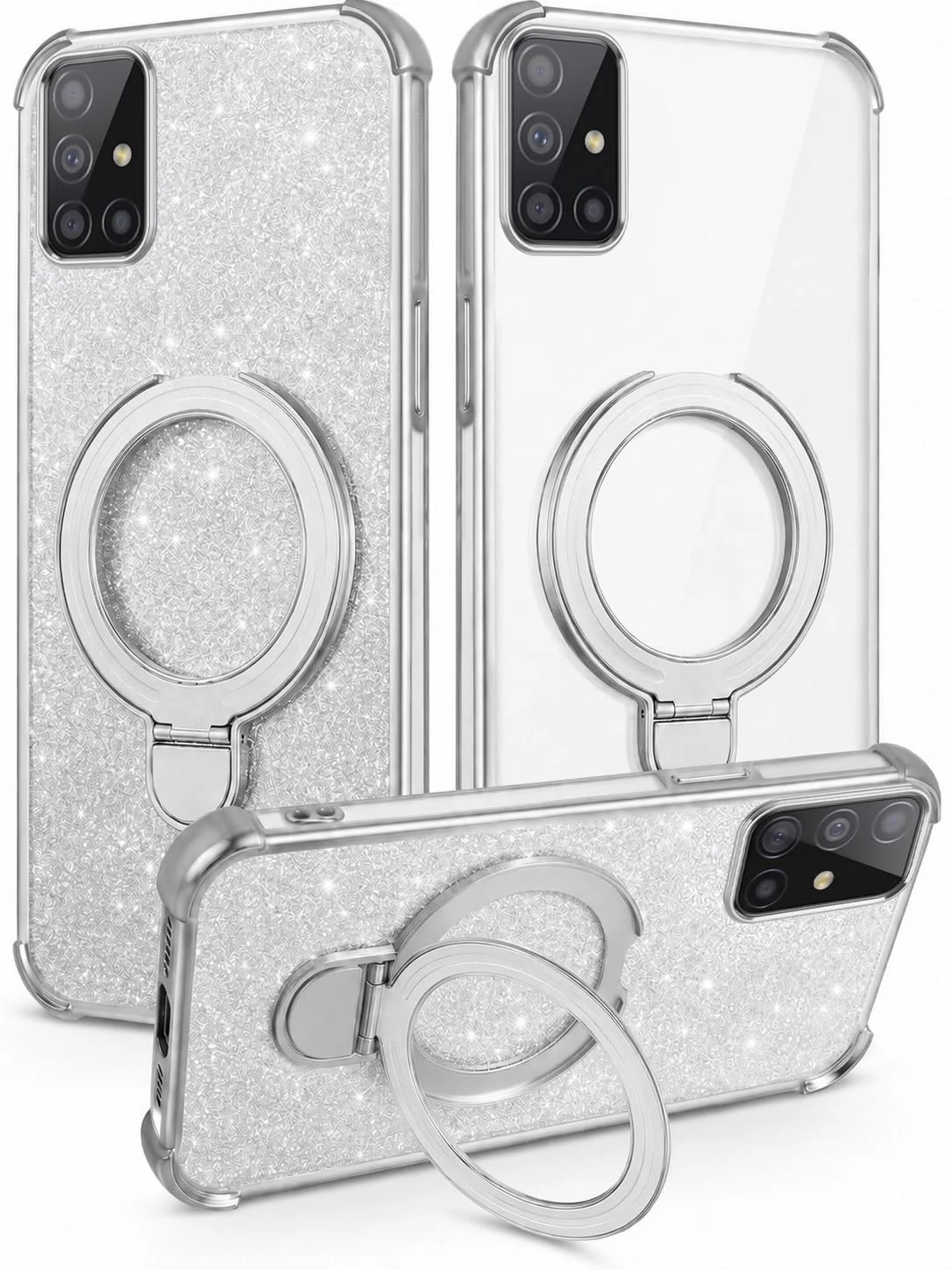 MOBIGON Glitter Phone Case with Magnetic Ring Stand for Samsung Galaxy A71, Silver