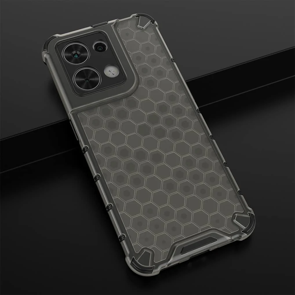 DL3 Mobilak Honeycomb Protective Case for OPPO Reno8 5G / OPPO Reno 8 5G, Shock-absorbing protection, Transparent design, Slim, lightweight profile - Black