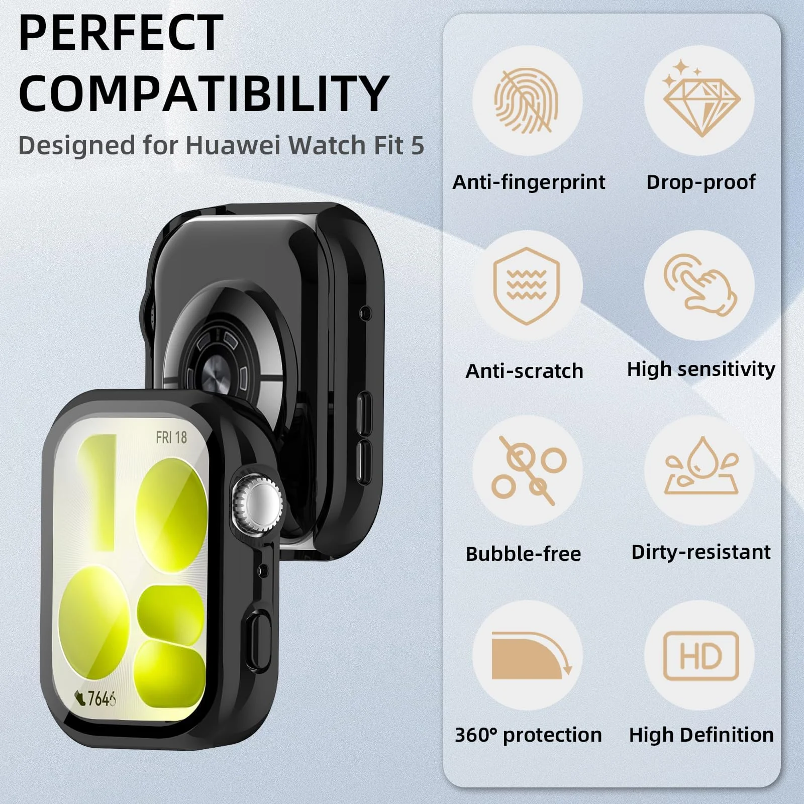 DL3 MOBILAK Full-Coverage Watch Case with Tempered Glass for Huawei Watch Fit 5, Black