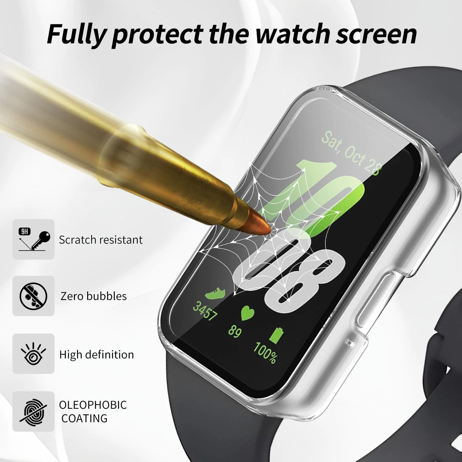DL3 MOBILAK Full-Coverage Watch Case with Tempered Glass for Samsung Galaxy Fit 3, Silver Matte