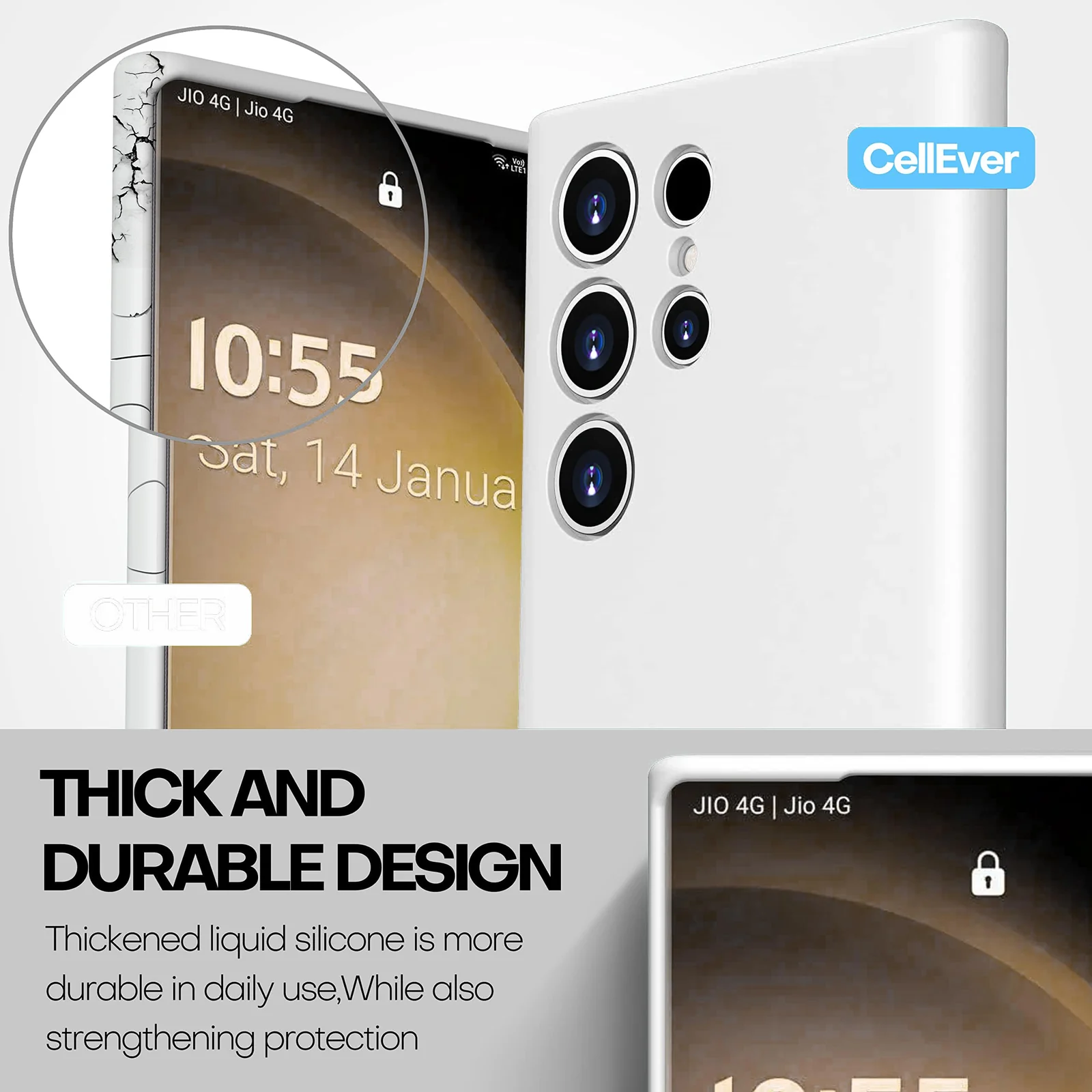 DL3 Mobilak Silicone Protective Case for Samsung Galaxy S24 Ultra, Shock-absorbing protection, Built-in kickstand, Integrated ring holder - White