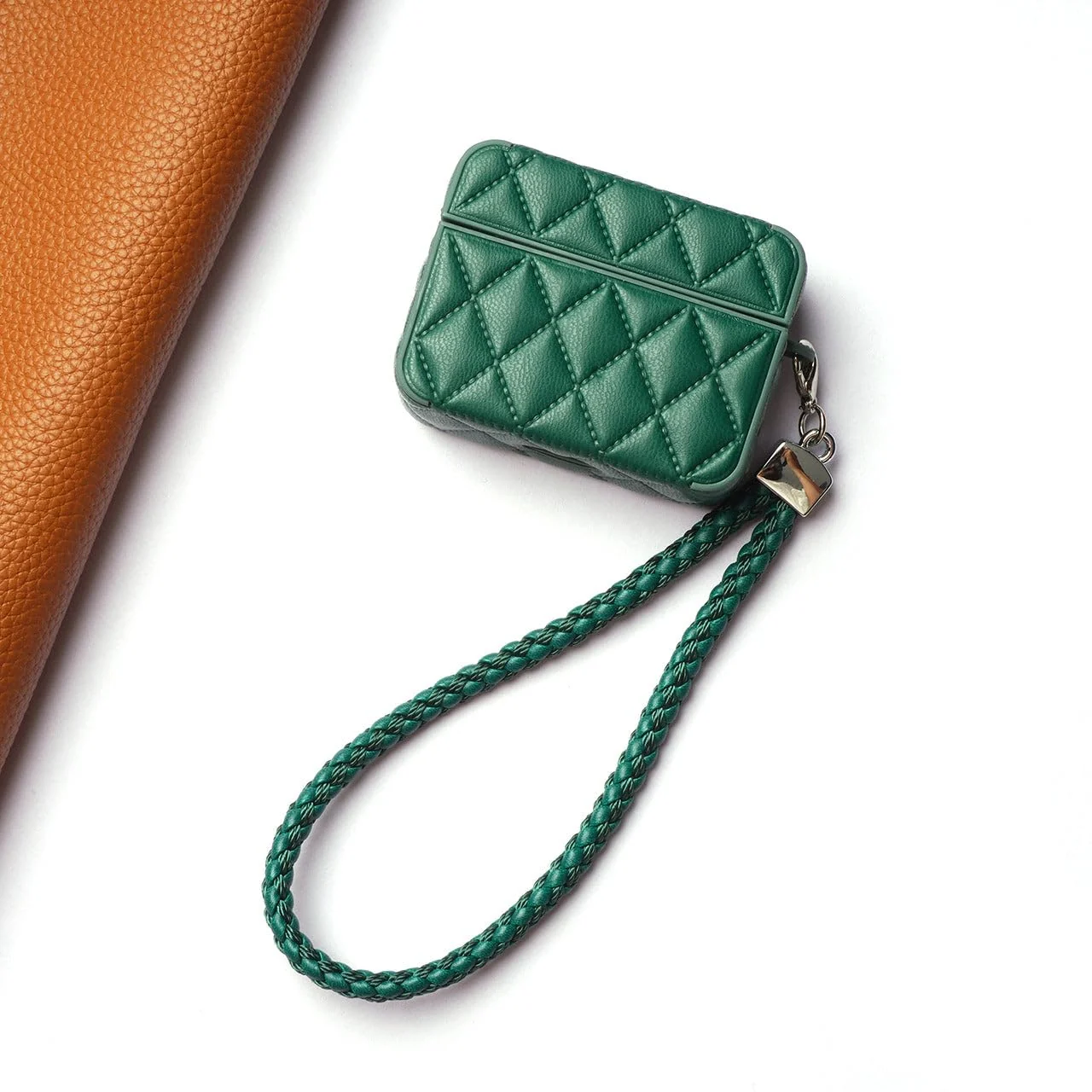 MOBIGON Diamond-Quilted PU Leather Case with Lanyard for Apple AirPods Pro 1 / 2, Green