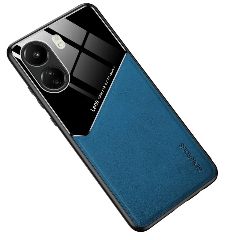 DL3 Mobilak Luxury Case For Xiaomi Redmi 13C /Xiaomi Poco C65 6.74, Ultra-Thin Soft TPU Frame, Back Leather Mixed Double+Plexiglass Protective Cover With Built-in Car Magnetic - Blue