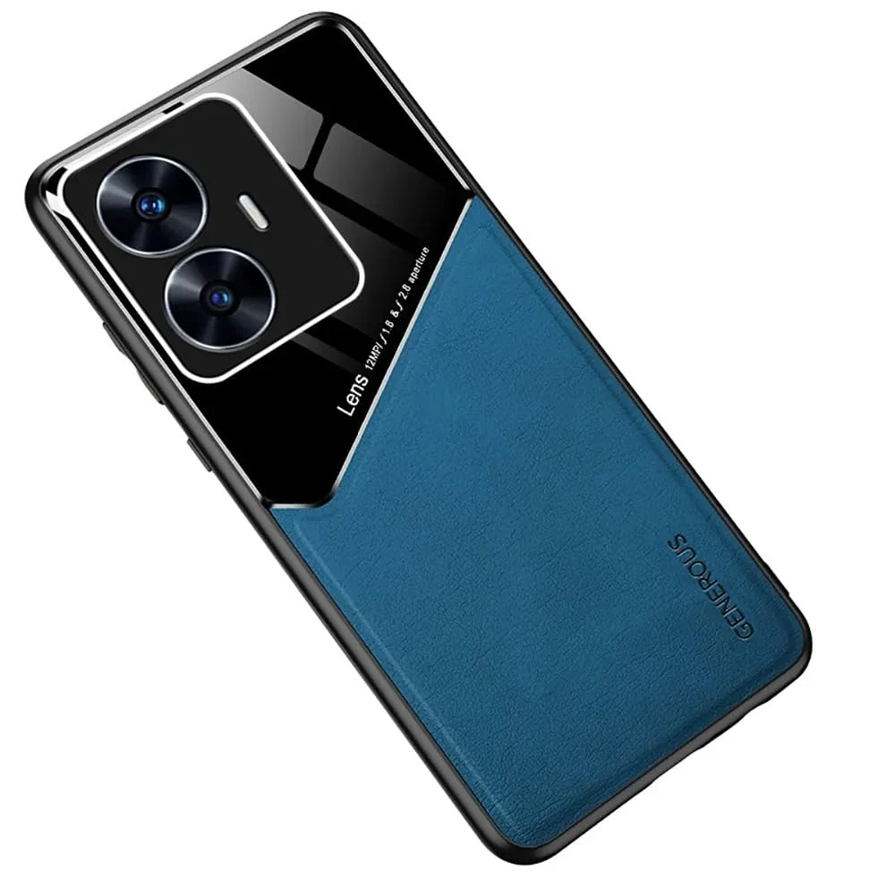 DL3 Mobilak Leather and PC Protective Case for realme C55 / Narzo N55, Built-in magnetic car-mount support, Shock-absorbing protection, Raised edges around the screen and camera - Blue