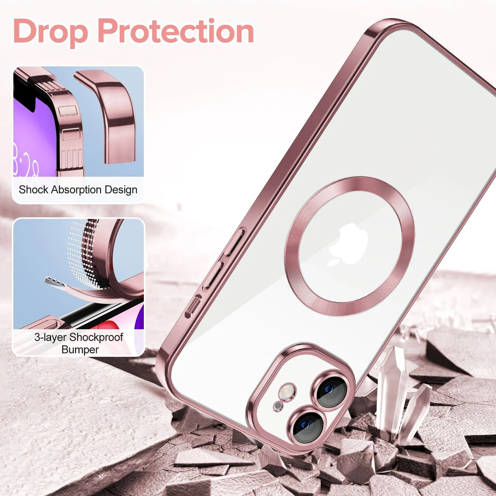 DL3 Mobilak Clear Case for iPhone 12 6.1-Inch with Built-in Camera Lens Protector, Slim Luxury Plating Edge Soft TPU Cover Protective, Transparent Case for Women Girls Men - Rose Gold