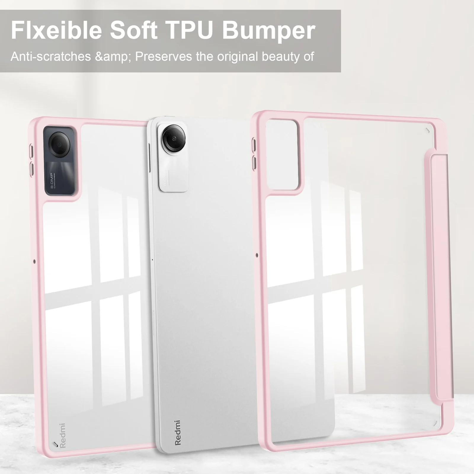 DL3 Mobilak Xiaomi Redmi Pad SE 11 inch Tablet 2023 Case with Pen Holder, Soft TPU Back Trifold Stand Protective Smart Cover Flip, Auto Wake & Sleep - Pink