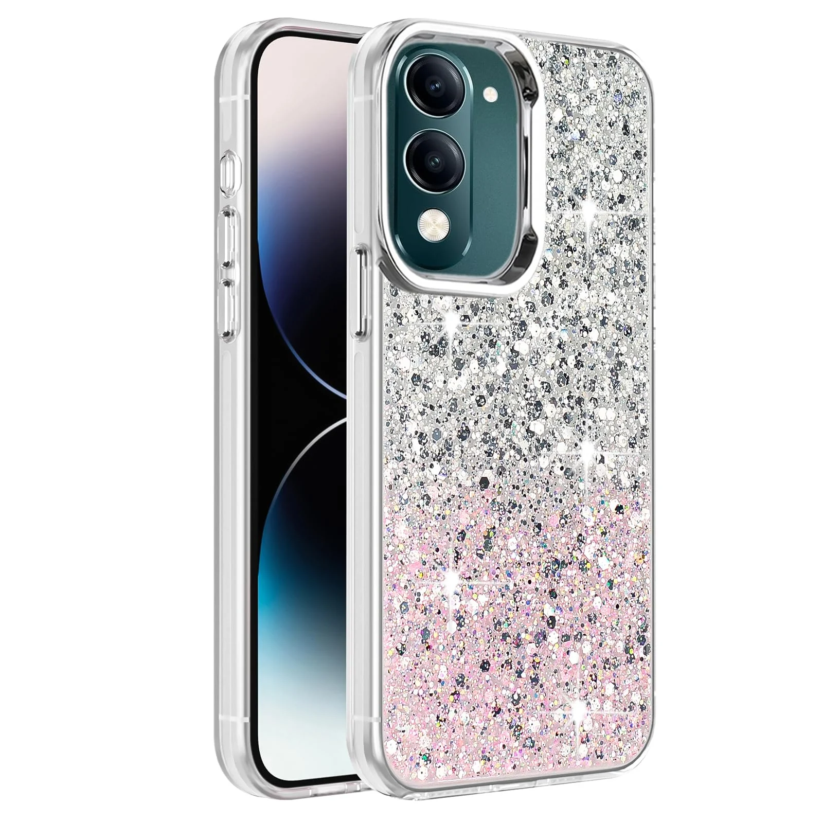 Dl3 Mobilak Compatible with Vivo Y04 / Vivo Y29s 5G Case, Clear Glitter Bling Sparkly, Soft TPU Frame Bumper, Hard-Back Cover for Women & Girls, Transparent Protective Phone Case (Pink Green)