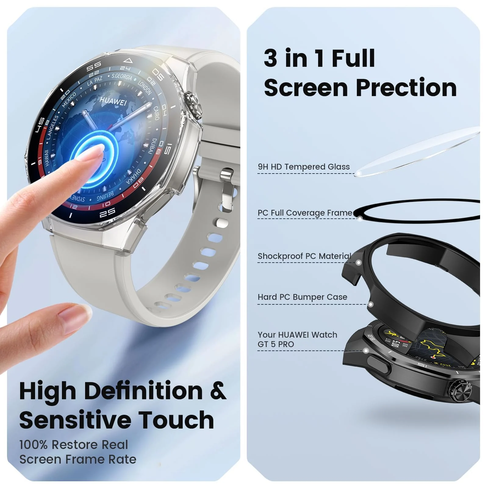 DL3 Mobilak Protective Case for Huawei Watch GT 5 Pro 46mm, Hard PC Bumper Cover with Built-in Tempered Glass Screen Protector Shell Cover Full Coverage with Scale for GT5 Pro 46 mm - Black