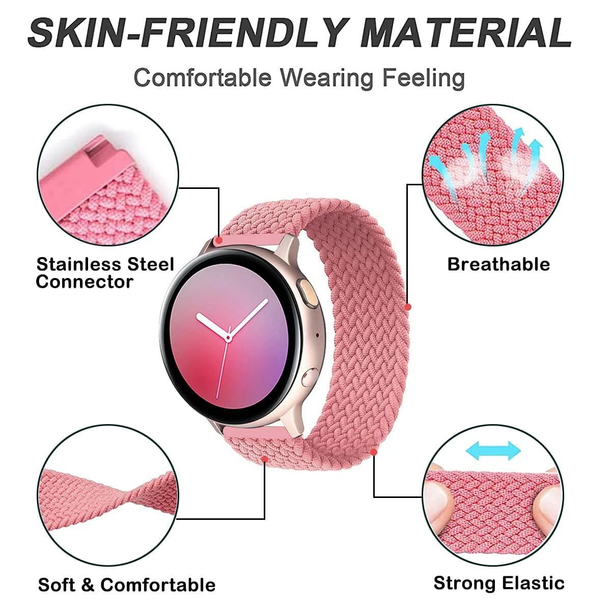 DL3 Mobilak Band 20MM Nylon Braided Solo Loop Strap For Samsung Gear Sport/Watch 6/5/4 40mm 44mm/Watch 6 Classic 43mm 47mm/ 5 Pro 45mm/active 2 40mm 44mm (Pink, Medium), unisex-adult - Black