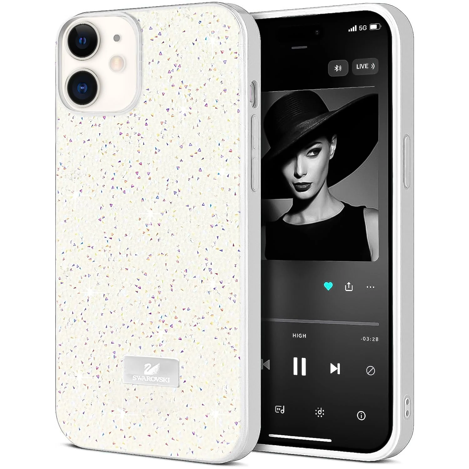 DL3 Mobilak Glitter Rhinestone Protective Case for iPhone 12 6.1-Inch with Shockproof Design - White