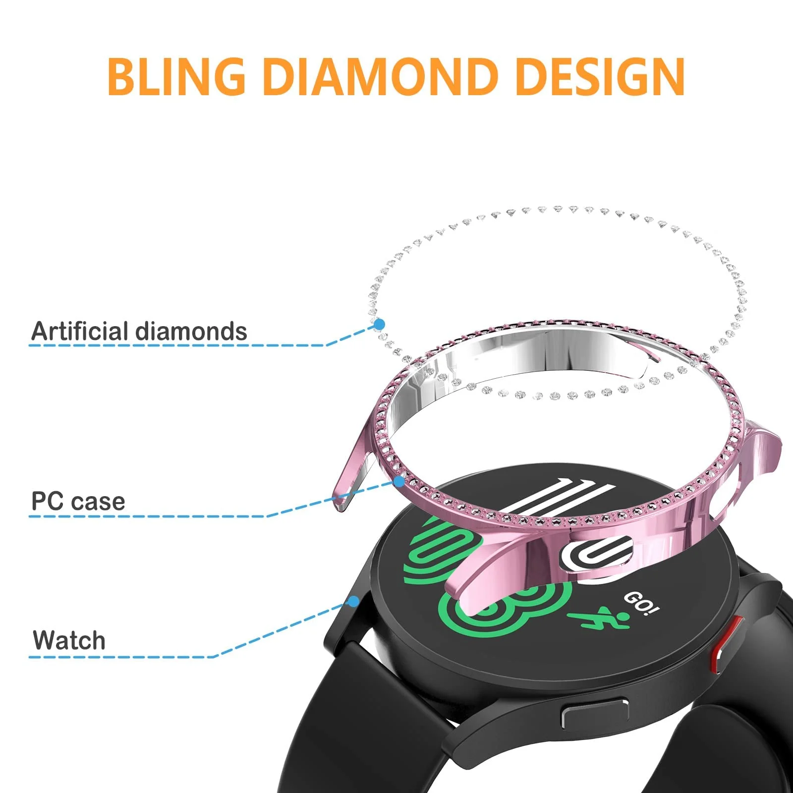 DL3 Mobilak Bumper Diamond Case Compatible with Samsung Galaxy Watch 4 Classic 46mm, Bling Crystal Diamonds PC Plastic Protector Case Cover Frame For Galaxy Watch4 Classic 46 MM - Pink