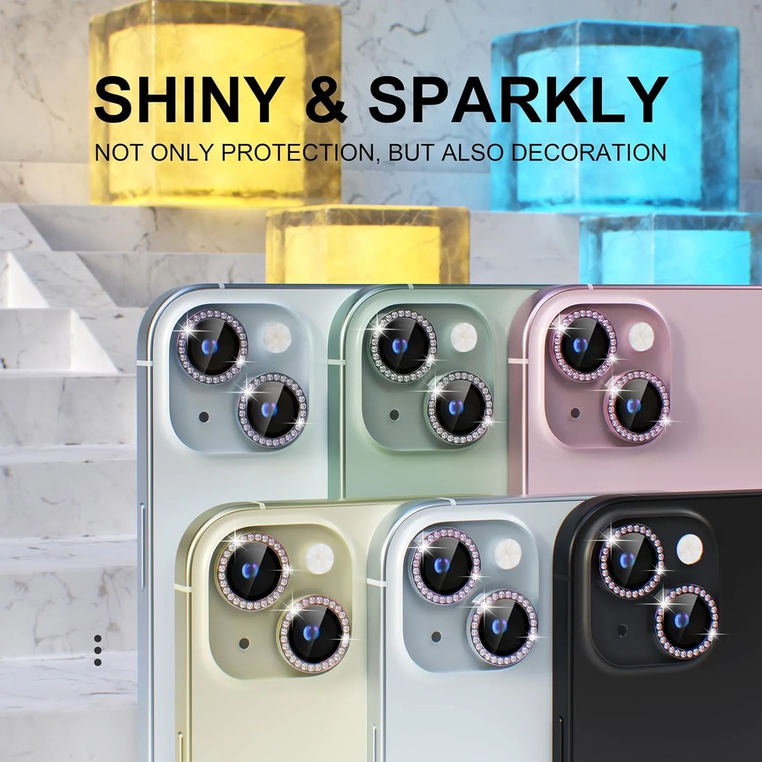 DL3 Mobilak Compatible with iPhone 15/15 Plus & iPhone 14/14 Plus Camera Lens Protector, Anti-Scratch HD Tempered Glass Lens Screen Protection Cover, Metal Individual Lens Ring - Diamond Black