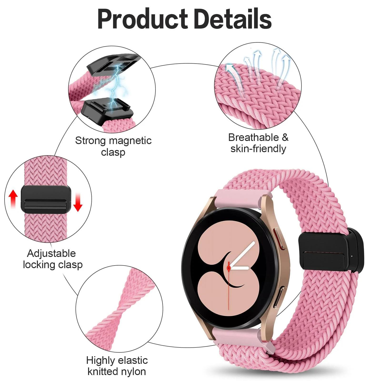 DL3 Mobilak 20mm Magnetic Band for Samsung Galaxy Watch 7/6/5/4/FE Band 40mm 44mm/Galaxy Watch 6/4 Classic Bands 47mm 43mm 46mm 42mm/Watch 5 pro 45mm/3 41mm/Active 2, Stretchy Braided Nylon Magnetic Sport Strap - Pink