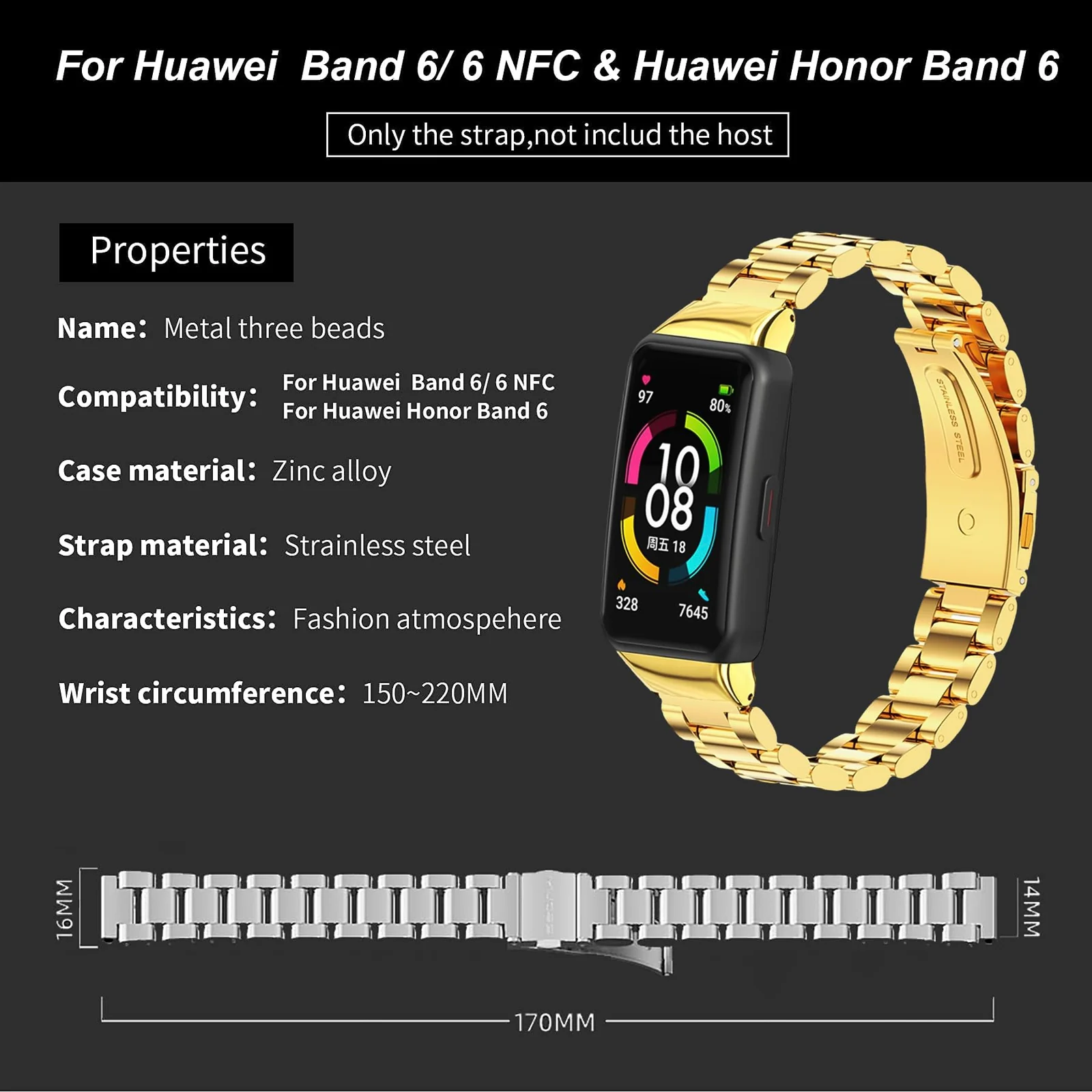 MOBIGON Stainless Steel Bracelet Strap with Double-Folding Clasp for Huawei Band 6 / HONOR Band 6 / HONOR Band 7, Gold