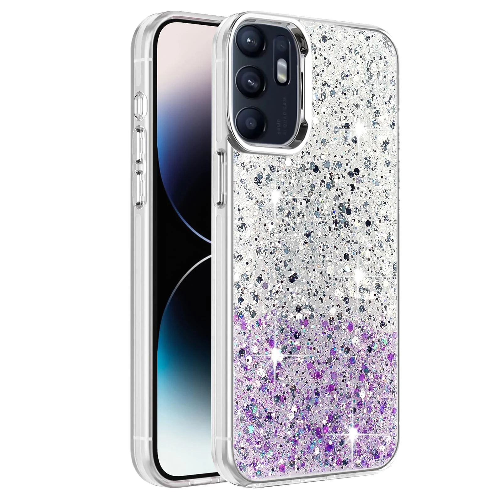 DL3 Mobilak Compatible with OPPO Reno 6 4G (Not Reno6 5G) Case, Clear Glitter Bling Sparkly, Soft TPU Frame Bumper, Hard-Back Cover for Women & Girls, Transparent Protective Phone Case - White Purple