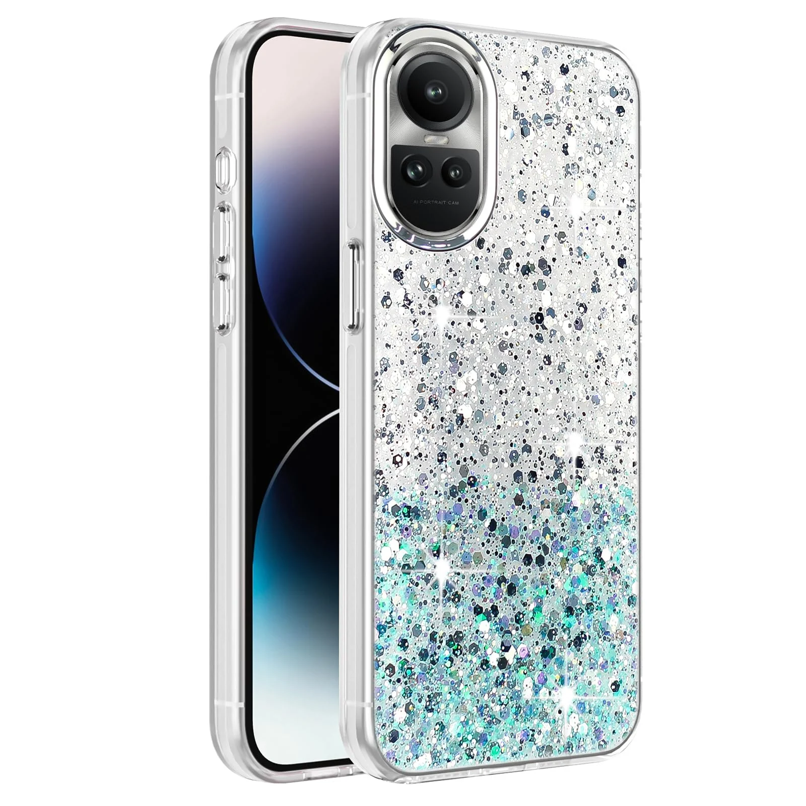 DL3 Mobilak Glitter Protective Case for OPPO Reno 10 5G / Reno10 Pro 5G, Supports wireless charging, Camera protection, Shock-absorbing protection - White Green