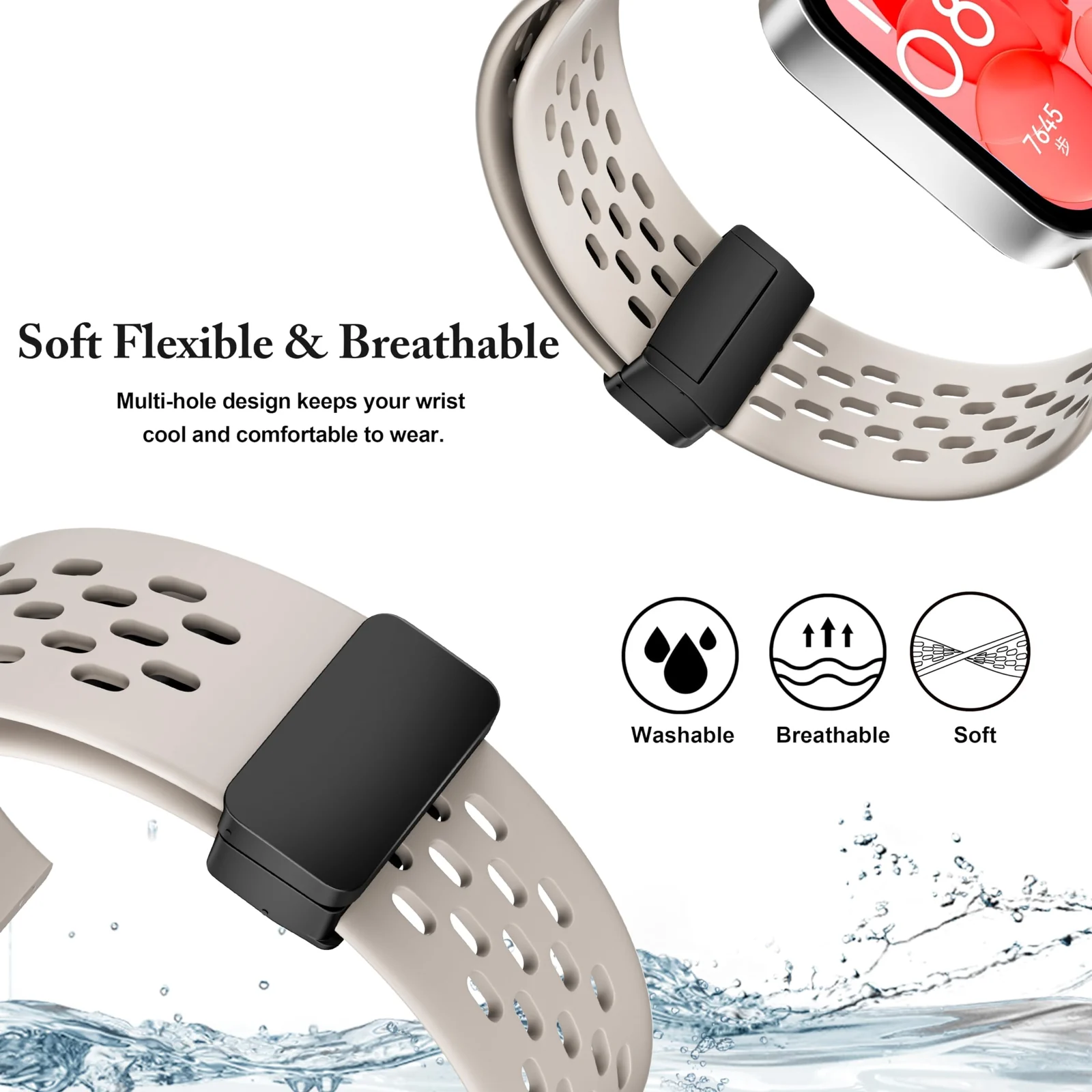 DL3 Mobilak Silicone Strap Compatible with Huawei Watch Fit 3/Fit 4/Fit 4 Pro Magnetic Metal Buckle Sport Silicone Breathable Strap for Men Women Band Quick Release Soft Replacment Wristband - Starlight