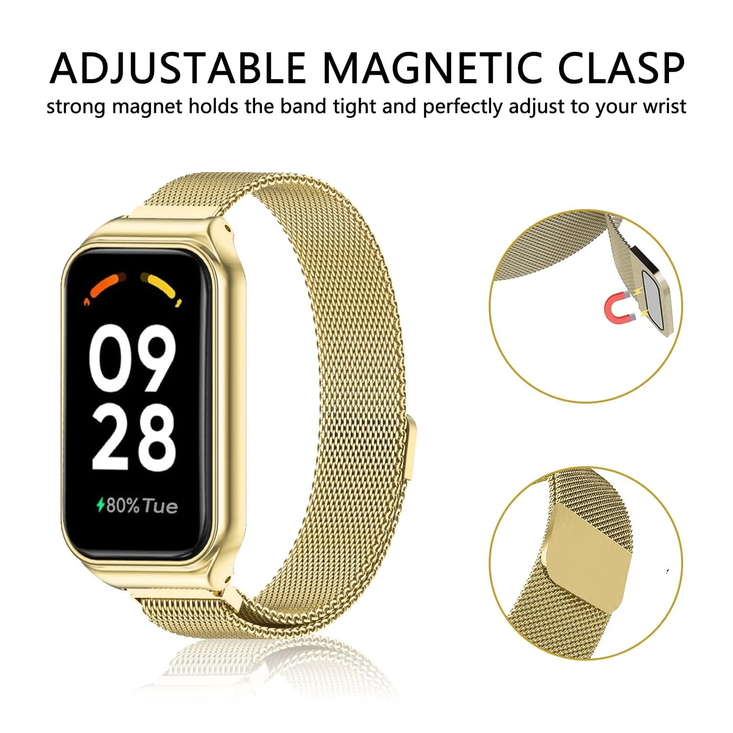 DL3 Mobilak Bracelet Compatible with Xiaomi Redmi Band 2/Smart Band 8 Active, Stainless Metal Magnetic Replacement Strap - Gold