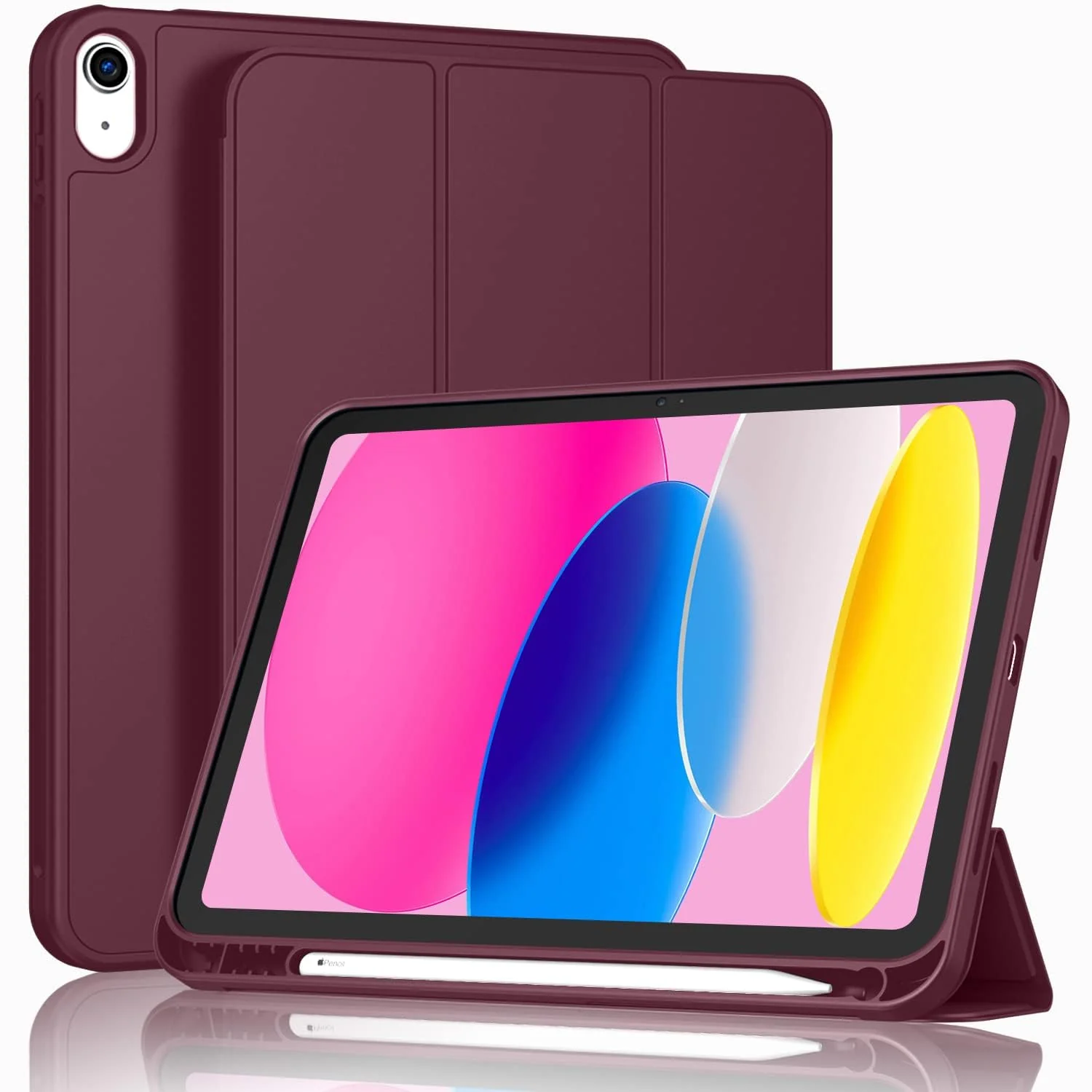 DL3 Mobilak iPad (A16) Case/iPad 10th Generation [11-Inch 2025/10.9 Inch 2022] with Pencil Holder, [Support Touch ID] Flexible TPU Back Shell Smart Trifold Stand Protective Auto Wake/Sleep - Wine Red