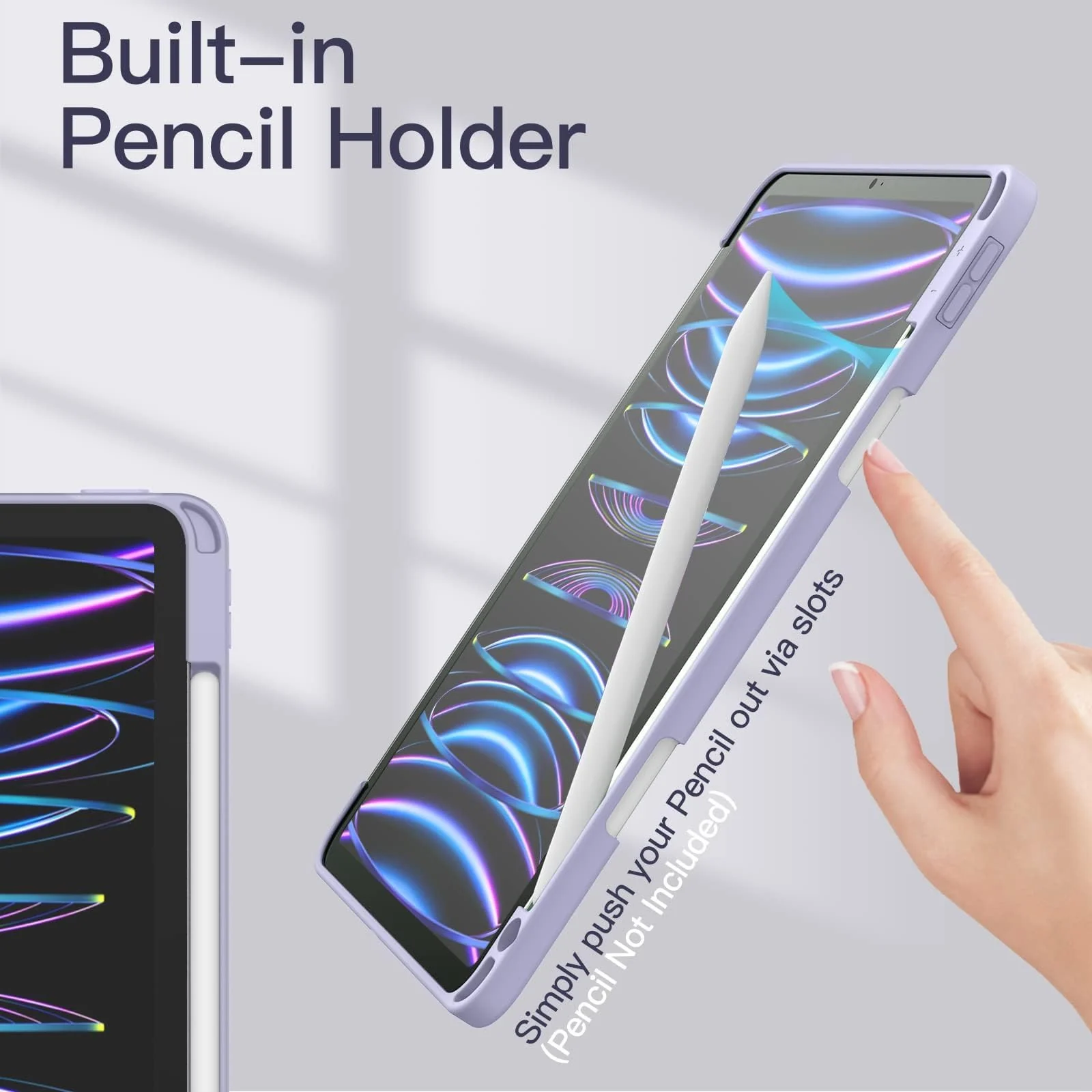 DL3 Mobilak for iPad Pro 12.9 Case 6th/5th/4th/3rd Generation 2022/2021/2020/2018, Clear Shockproof Back Cover Built-in Pencil Holder, Auto Sleep/Wake - Lavender