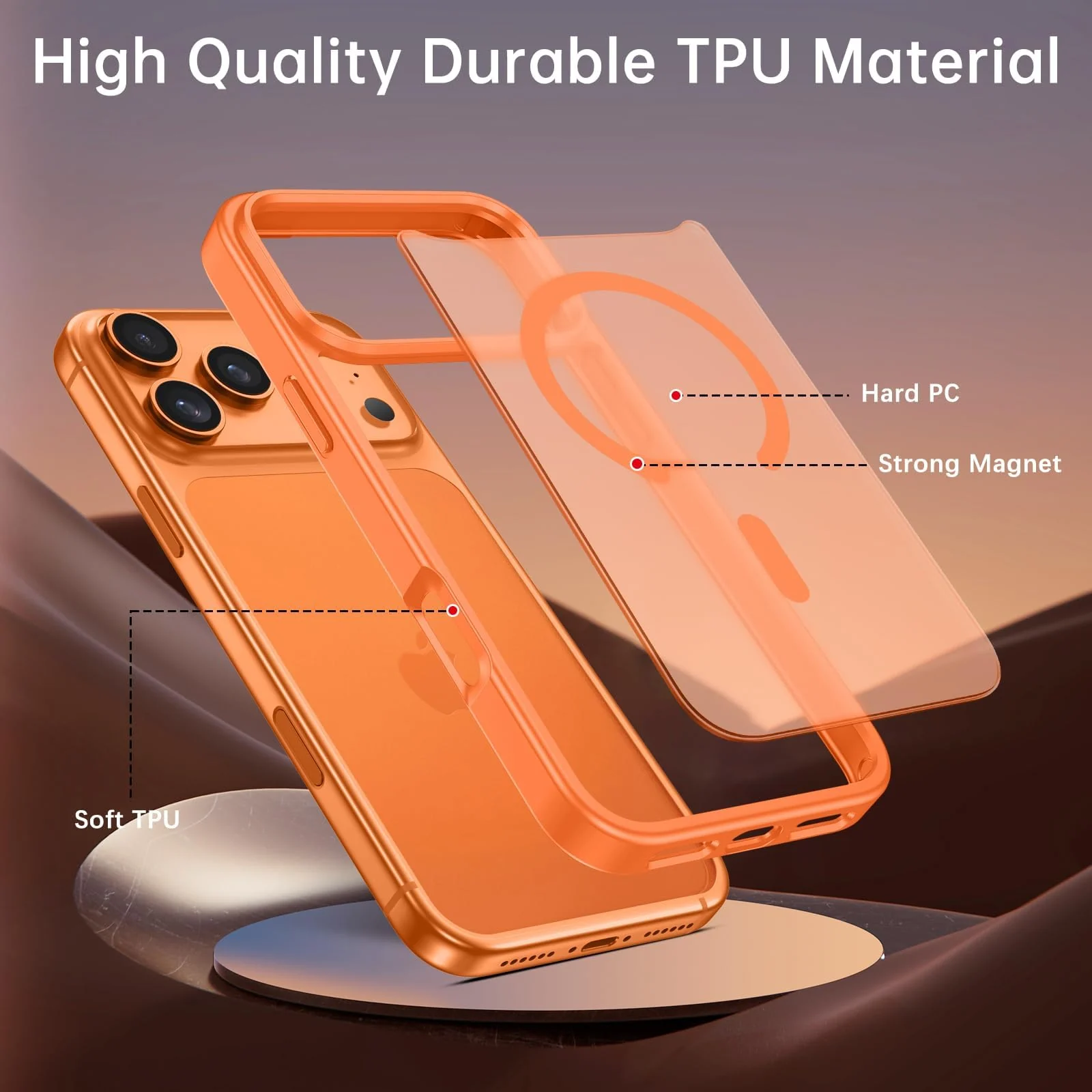 DL3 Mobilak Matte MagSafe-Compatible Magnetic Case for iPhone 17 Pro Max with Camera Protection and Magnetic Car-Mount Support - Orange