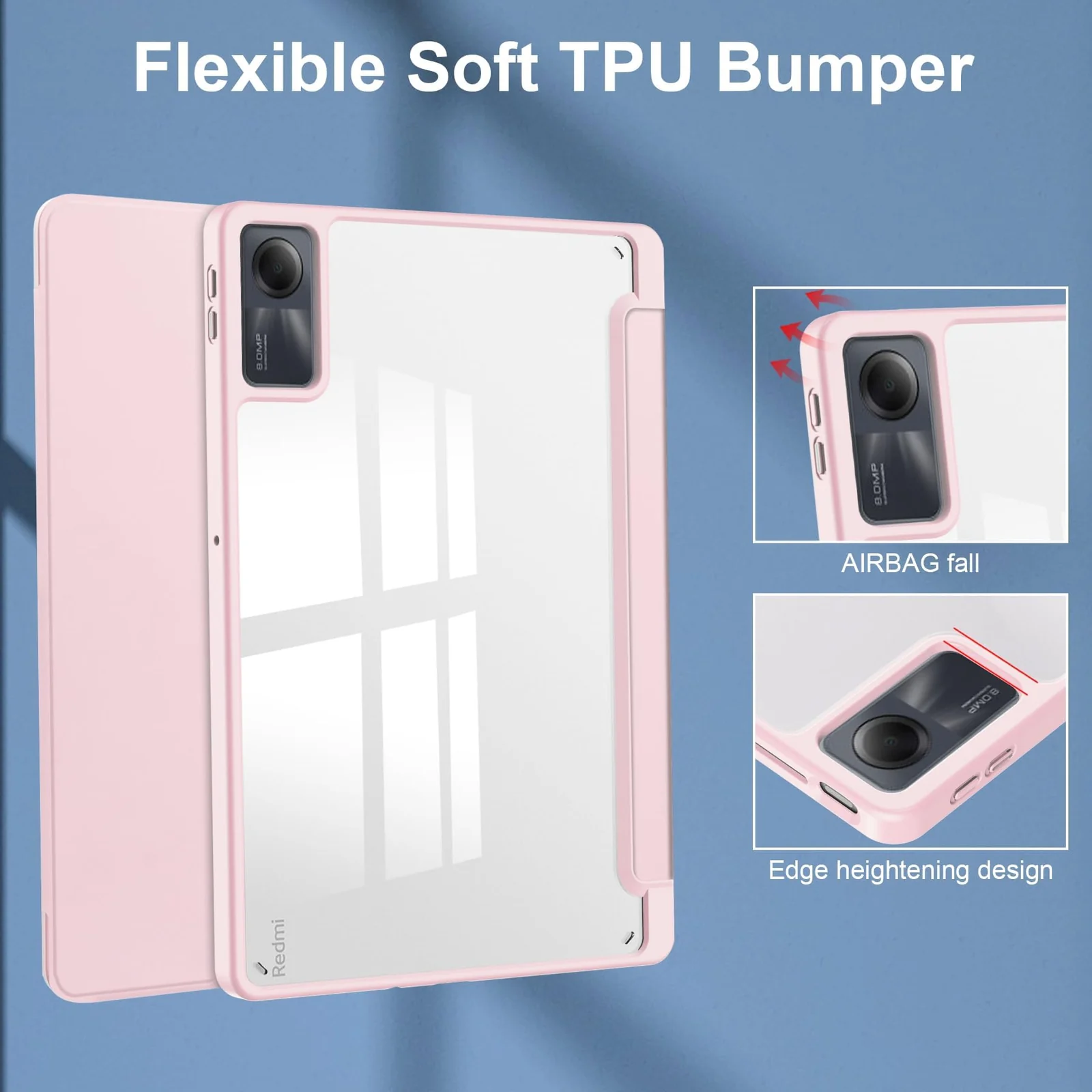 DL3 Mobilak Xiaomi Redmi Pad SE 11 inch Tablet 2023 Case with Pen Holder, Soft TPU Back Trifold Stand Protective Smart Cover Flip, Auto Wake & Sleep - Pink
