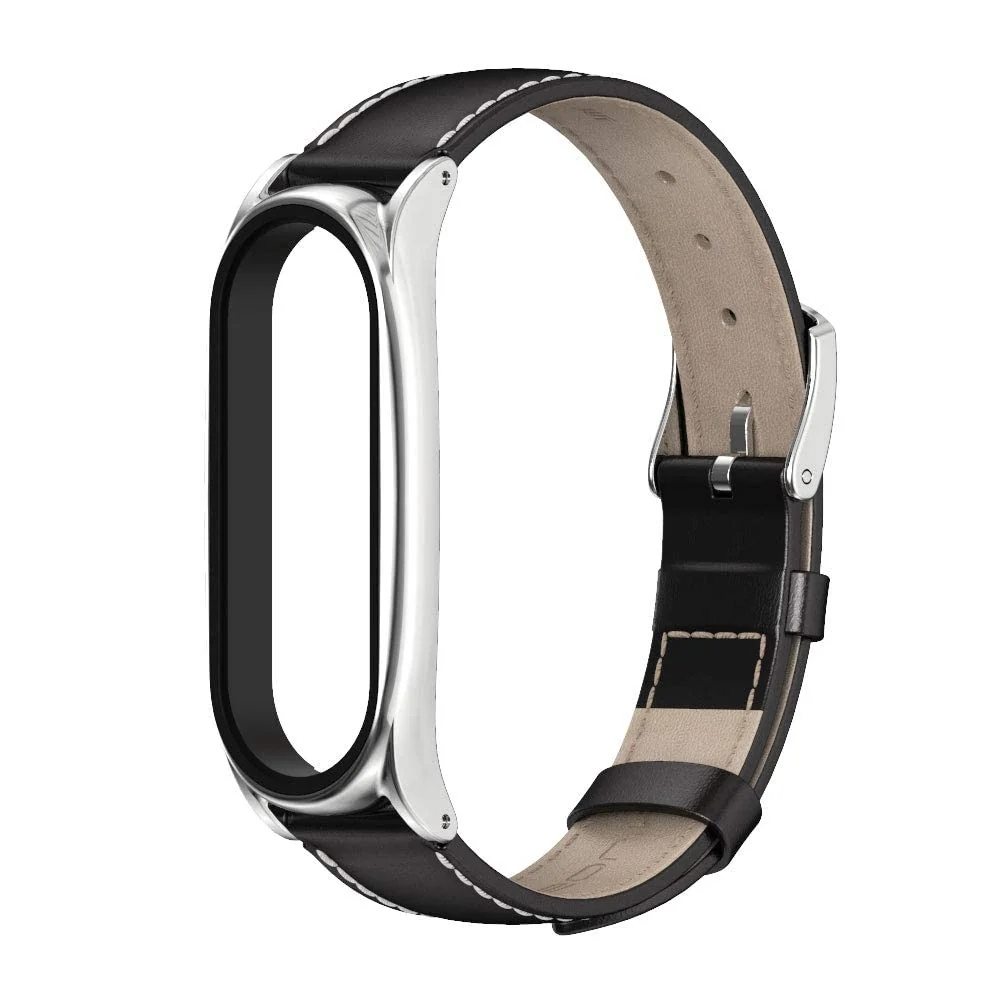 DL3 Mobilak Strap for Mi Band 6, Mi band 5, Mi Band 4, Mi Band 3 Genuine Leather Replacement Strap Watch Wrist Band Smart Bracelet Accessories for Xiaomi Mi 6 5 4 3 Fit Band - Black