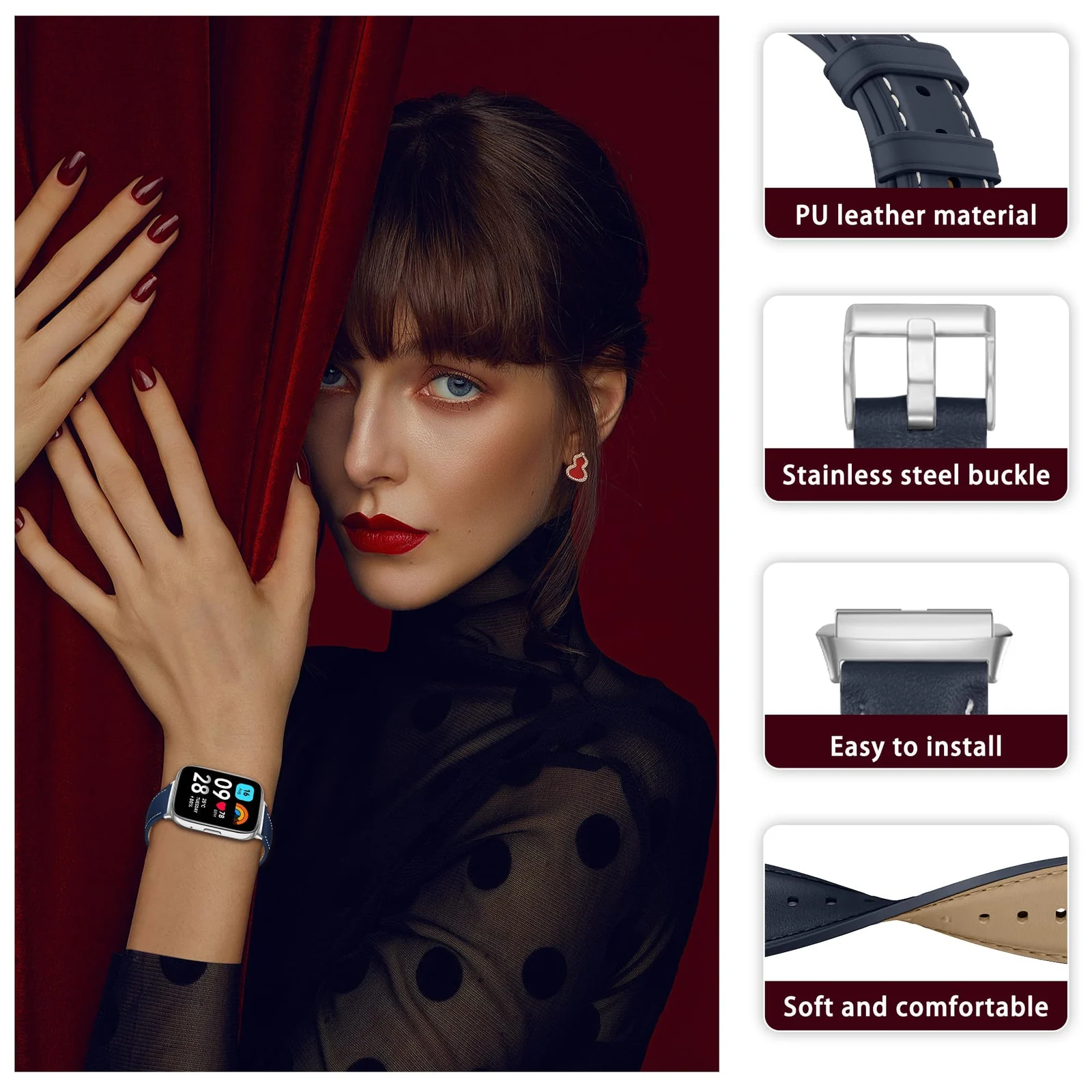 DL3 Mobilak Vintage Leather Strap Compatible With Xiaomi Redmi Watch 3 - Metal Buckle Breathable Replacement for Men and Women - Black - Blue