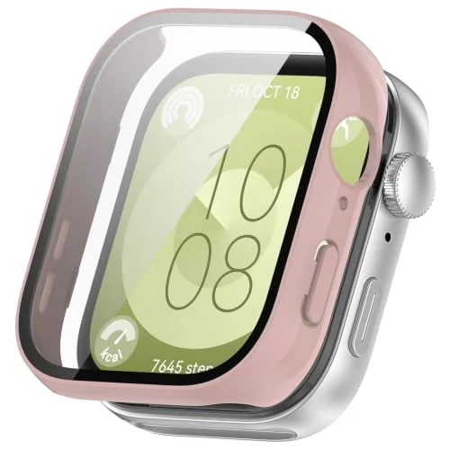Dl3 Mobilak Case Compatible with Huawei Watch Fit 3, Full Coverage Slim Hard Case Protective Bumper Built-in Tempered Glass Screen Protector Shell for Huawei Watch Fit 3 (Pink)