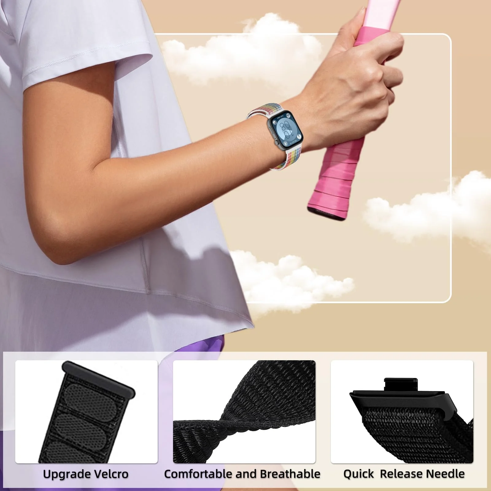 DL3 MOBILAK Elastic Nylon Watch Strap for Huawei Watch Fit 3 / Fit 4 / Fit 4 Pro / Fit 5 / Fit 5 Pro, White*Rainbow