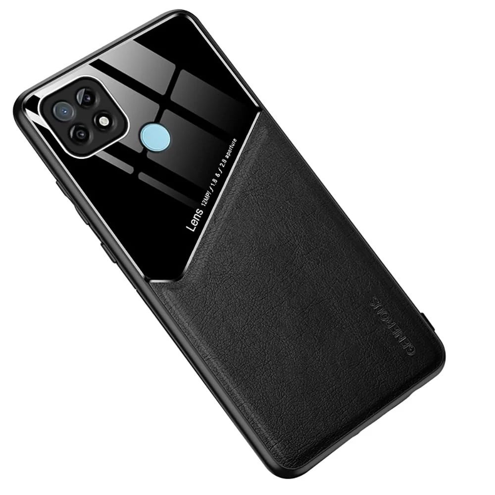 DL3 Mobilak Luxury Case Compatible with realme C21Y / realme C25Y, Ultra-Thin Soft TPU Frame, Back Leather Mixed Double+Plexiglass Protective Cover With Built-in Car Magnetic - Black