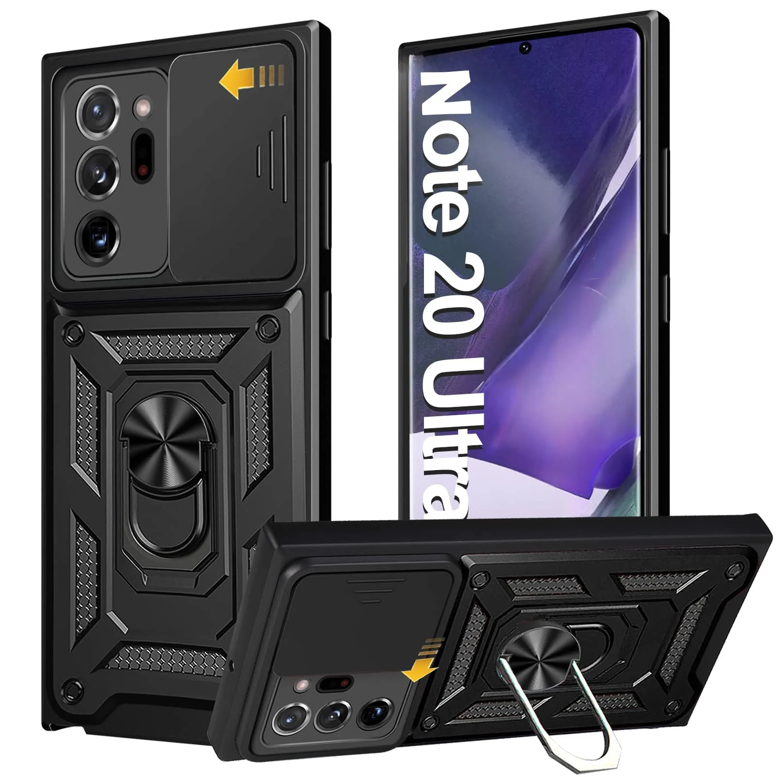 "DL3 Mobilak Military-Grade Protective Case with Sliding Camera Cover, Metal Ring Kickstand and Magnetic Car-Mount Support for Samsung Galaxy Note 20 Ultra (6.9"") - Black"