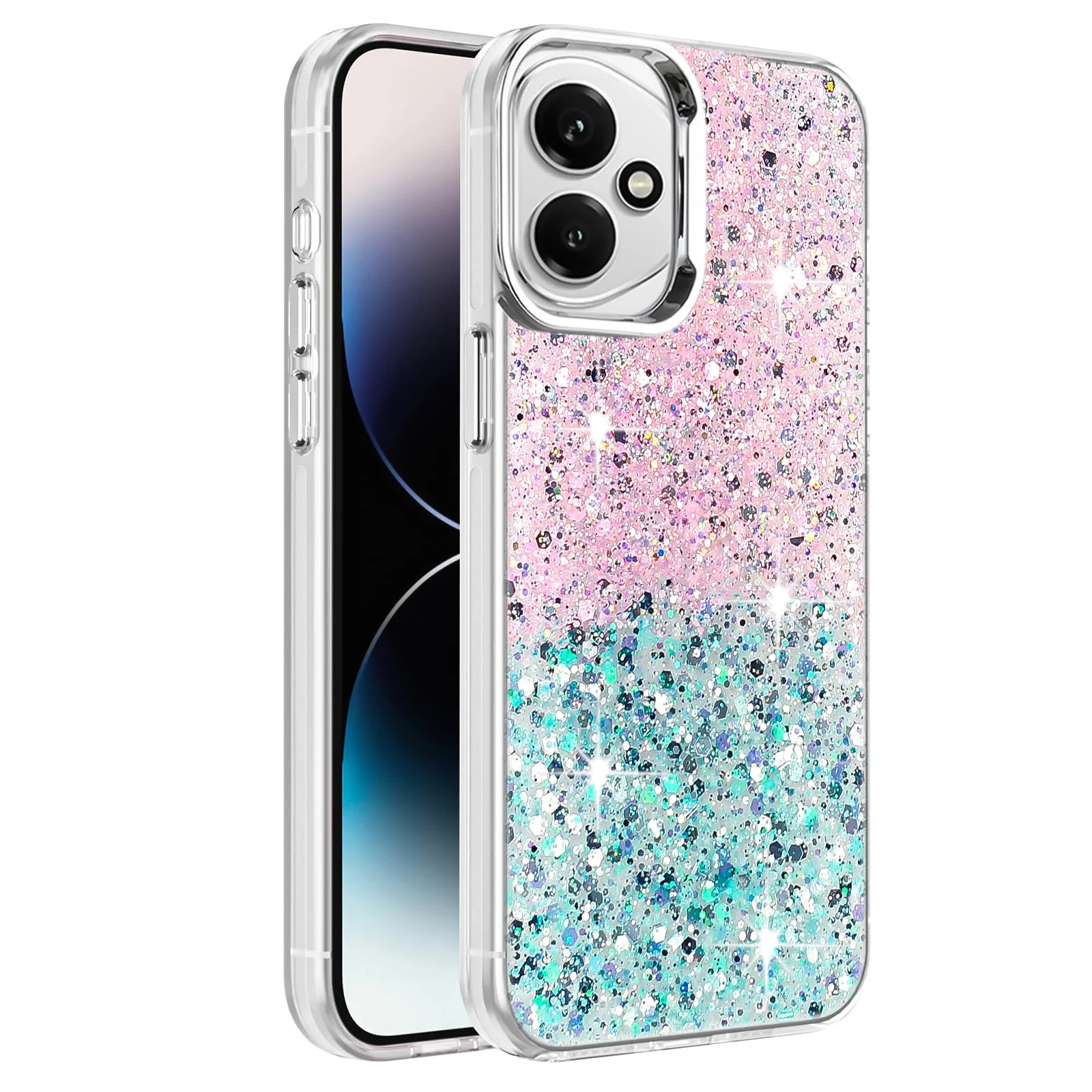 DL3 Mobilak Glitter Protective Case for Honor 400 5G, Supports wireless charging, Camera protection, Shock-absorbing protection - Pink Green