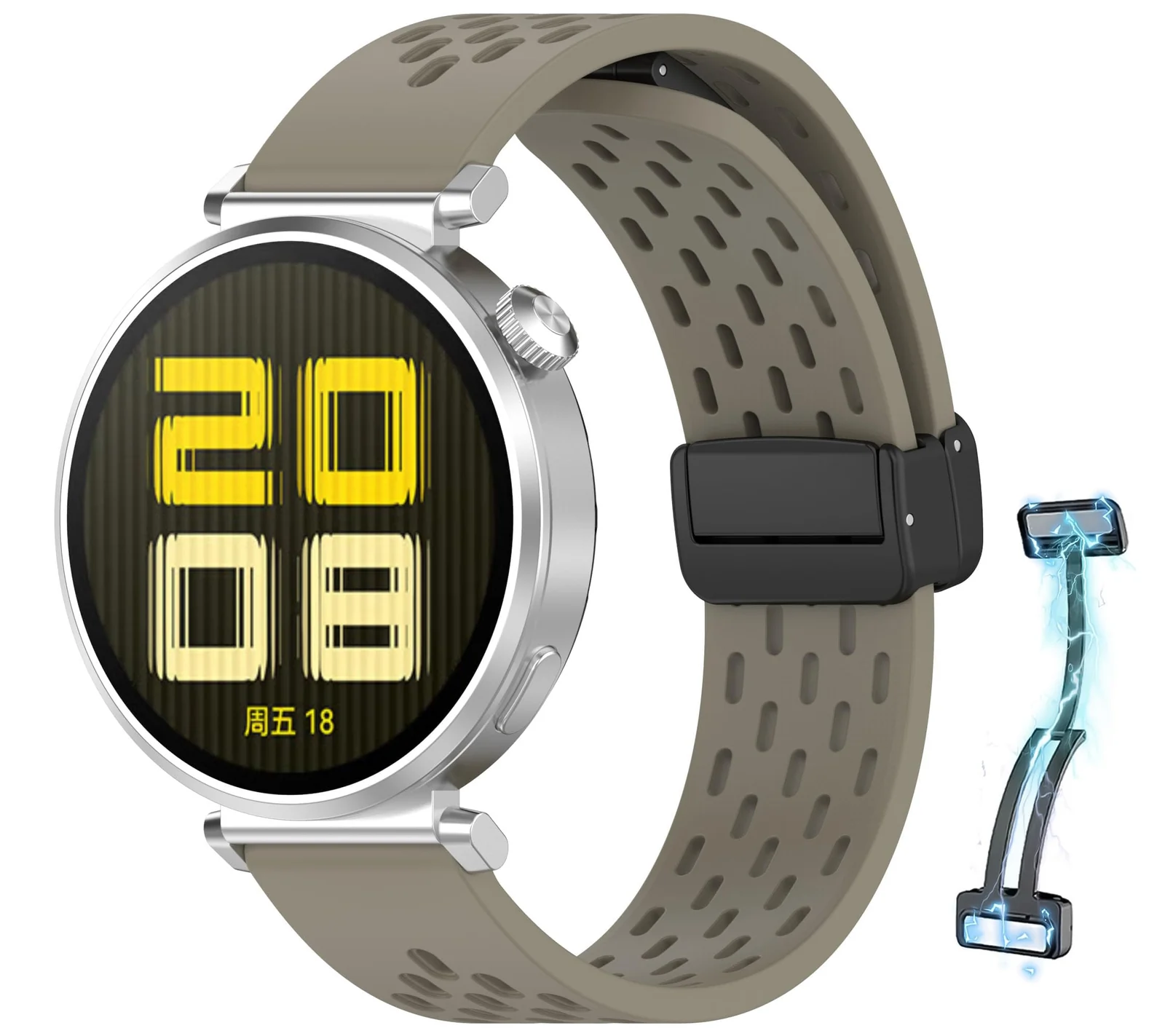 DL3 Mobilak 18mm Silicone Strap For Huawei Watch GT 6 41mm/GT 5 Pro 42 mm/GT 5 41mm/GT4 41 mm/Watch 5 42mm Magnetic Metal Buckle Sport Silicone Breathable Strap, Band Soft Replacment Wristband - Space Brown