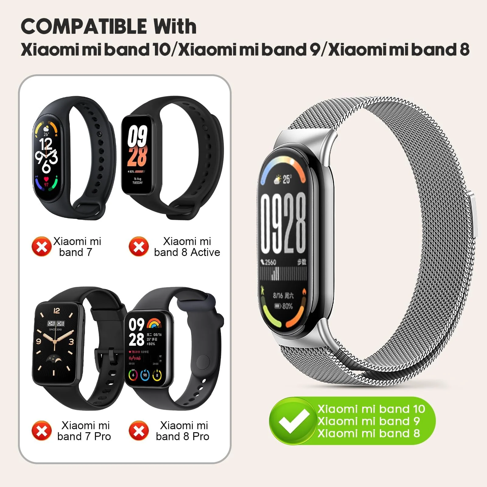 DL3 Mobilak Bracelet Compatible with Xiaomi Mi Band 10/9/8, Stainless Steel Replacement Straps, Mesh Metal Watch Strap, Magnetic Adjustable Replacement Strap For Xiaomi Smart Band 8/9/10 - Silver
