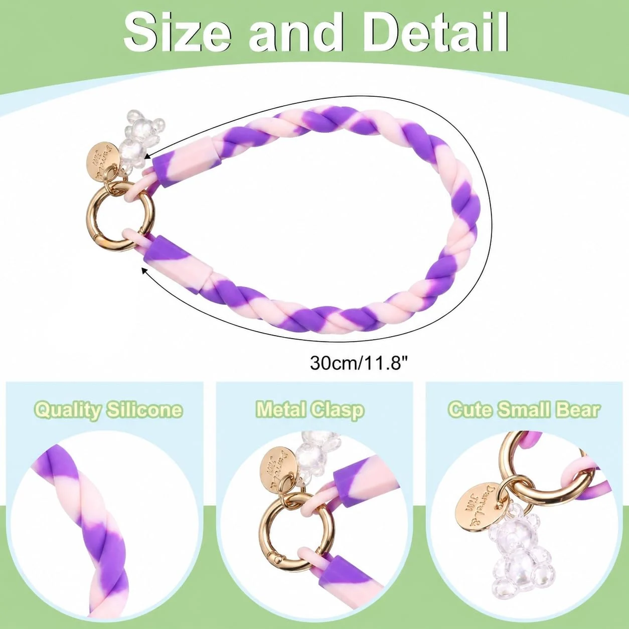 DL3 Mobilak Silicone Crystal Lanyard, 30cm Phone Wrist Strap Lanyard Keychain Office Wrist Strap with Clasp and Bear for Women Phone ID Card, Keys Strap - Purple/Pink