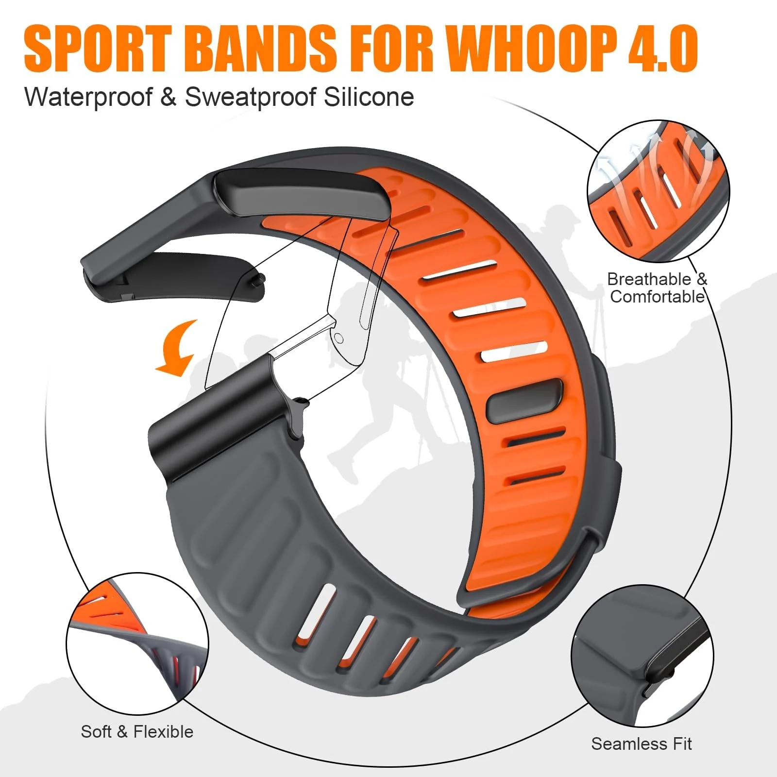 MOBIGON Breathable Silicone Sport Strap for WHOOP 4.0, Gray / Orange