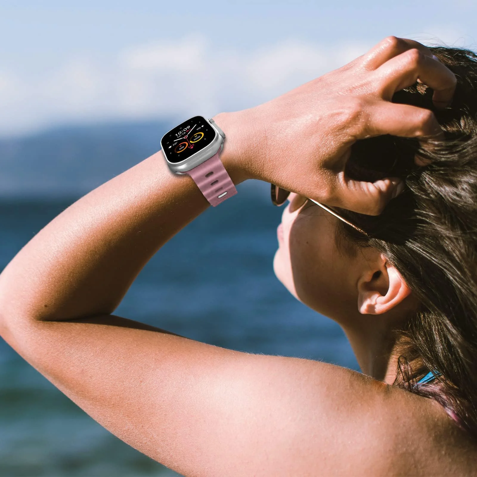 DL3 Mobilak Ocean Band with Case For Apple Watch Ultra 49mm, Adjustable Silicone Sport Loop Ocean Strap Men Women Strap With Protective Cover Screen Shockproof for iWatch Ultra 2 49mm - Pink