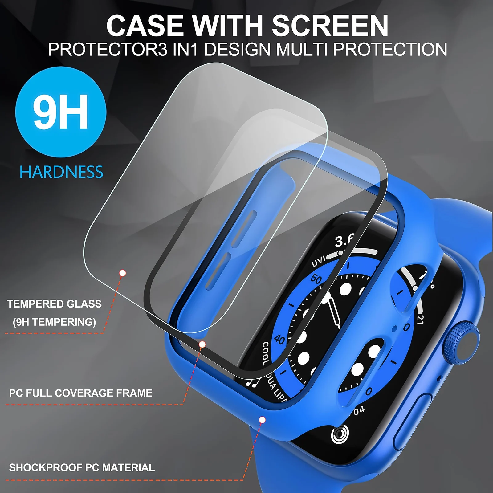 DL3 Mobilak Hard Case Designed for Apple Watch 41mm Series 9 8 7, Built-in 9H [HD Clear] Tempered Glass Screen Protector, [Full Protection] Slim Cover for iWatch 41mm Series 9 8 7 - Neon Blue