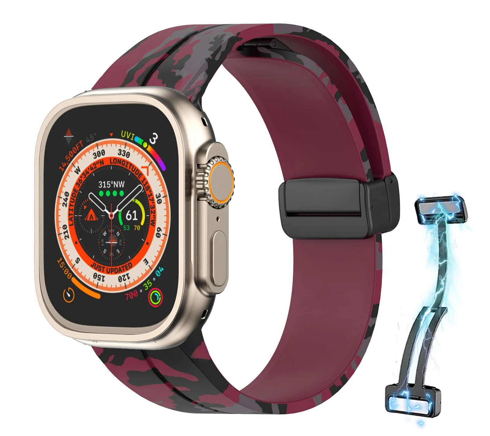 DL3 Mobilak Silicone Magnetic Strap for Apple Watch Ultra Band 49mm 45mm 44mm 42mm 41mm 40mm 38mm Men/Women, Strap for iwatch Series 9/8/7/6/5/4/3/2/SE/Ultra2 (Camouflage Burgundy, 38mm/40mm/41mm) - Black