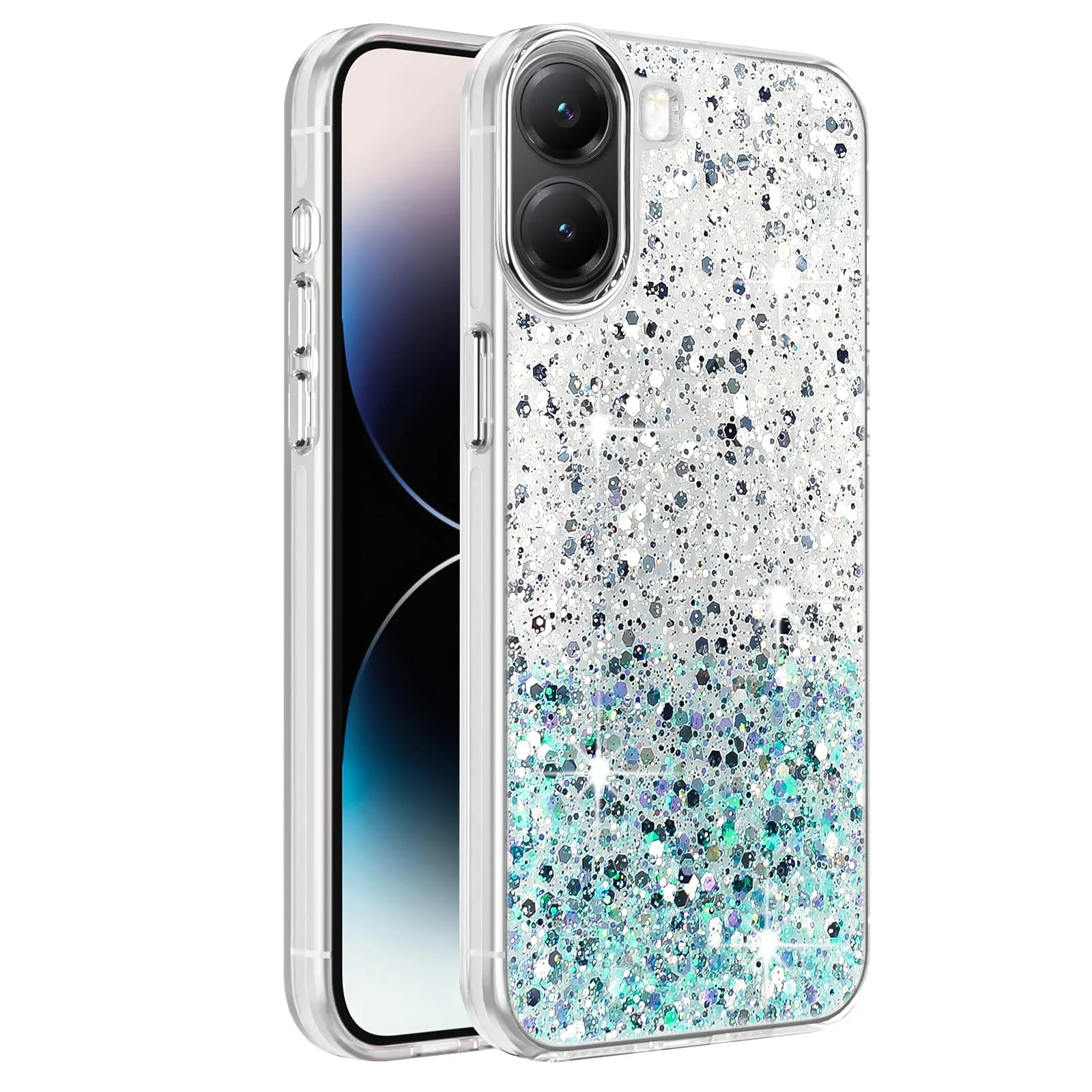 DL3 Mobilak Compatible with Xiaomi Poco X7 Pro 5G Case, Clear Glitter Bling Sparkly, Soft TPU Frame Bumper, Hard-Back Cover for Women & Girls, Transparent Protective Phone Case - White Green