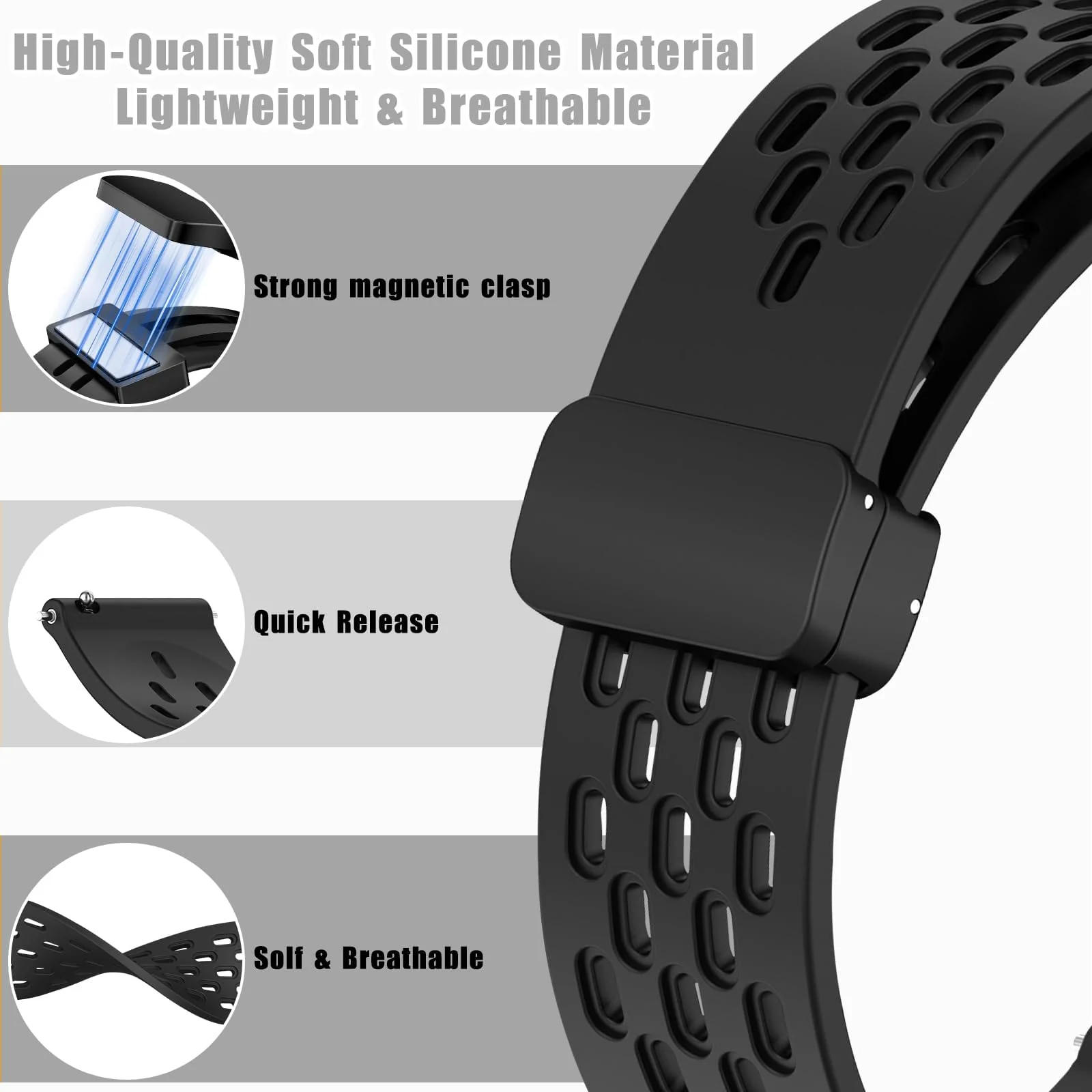 DL3 Mobilak 18mm Silicone Strap For Huawei Watch GT 6 41mm/GT 5 Pro 42 mm/GT 5 41mm/GT4 41 mm/Watch 5 42mm Magnetic Metal Buckle Sport Silicone Breathable Strap, Band Soft Replacment Wristband - Black