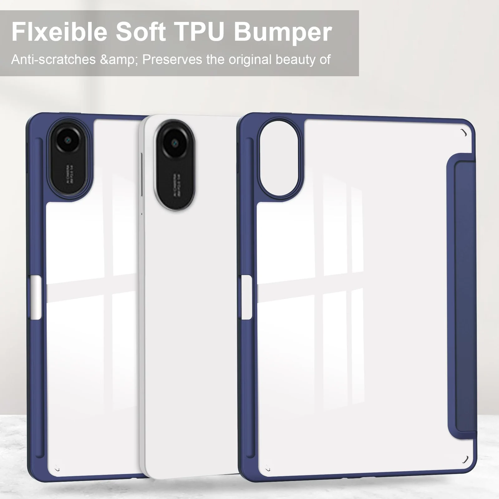 DL3 Mobilak Case for Xiaomi Redmi Pad 2 2025 11 inch with Built-in Pencil Holder, Clear Transparent PC Back, Shockproof Tri-Fold Stand Tablet Cover, Auto Wake/Sleep - Dark Blue