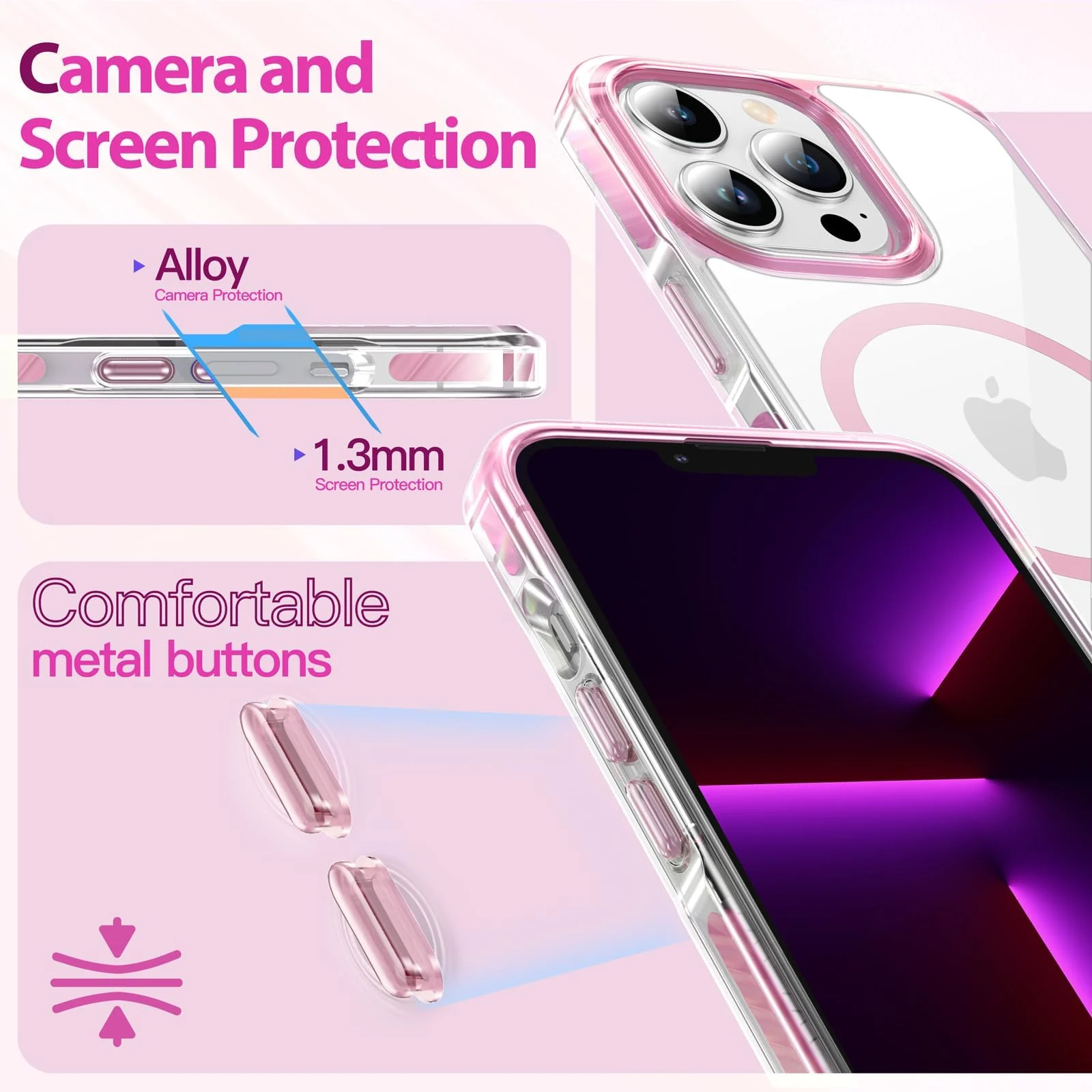 DL3 Mobilak Rugged Protective Case for iPhone 16, Compatible with MagSafe accessories, Supports wireless charging, Shock-absorbing protection - Pink
