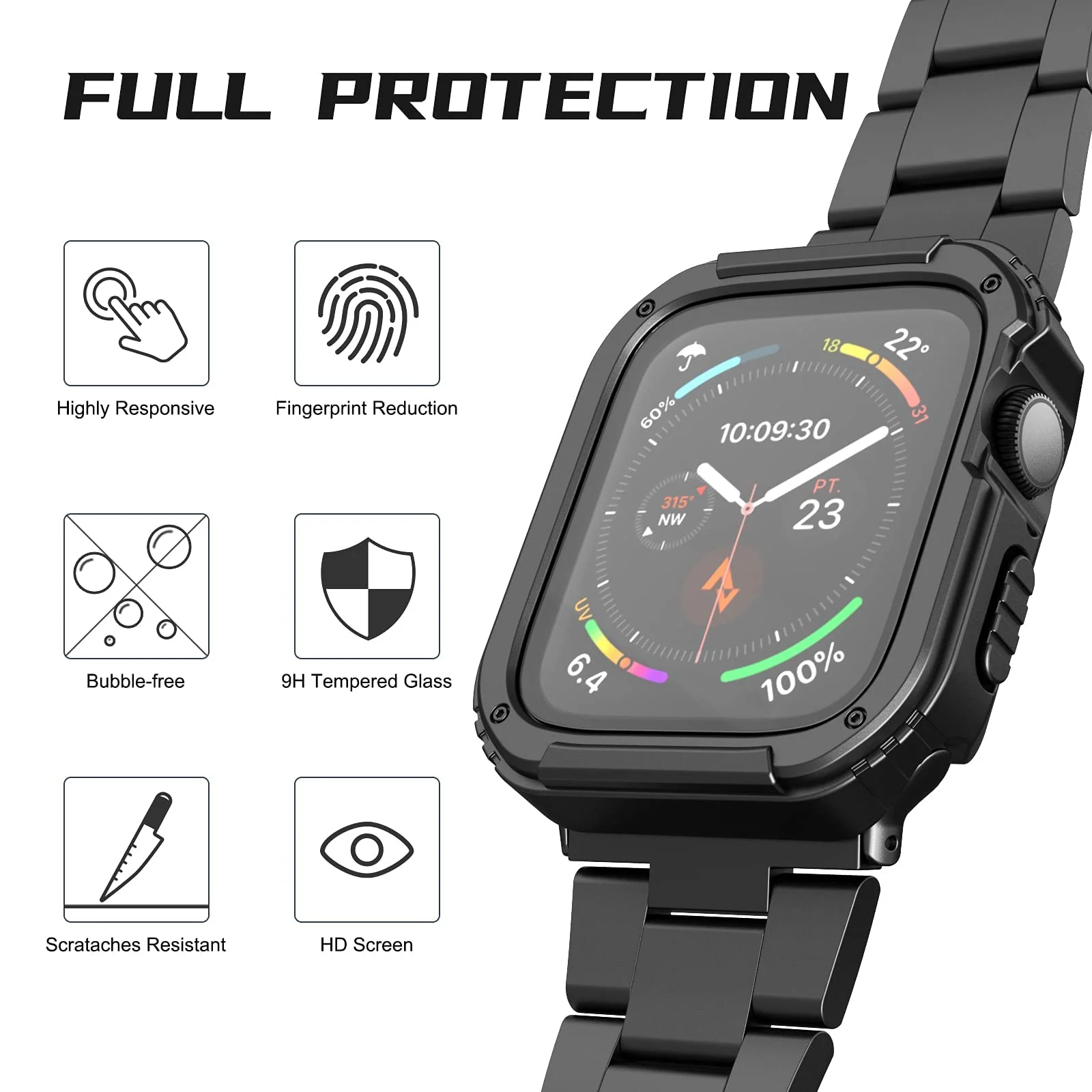 DL3 Mobilak Rugged Apple Watch Case 44mm Series SE 6/5/4 with Screen Protector, Durable Military Grade Quattro Pro Series Drop-Proof Protective Cove Full Coverage Shock-Proof Bumper - Black