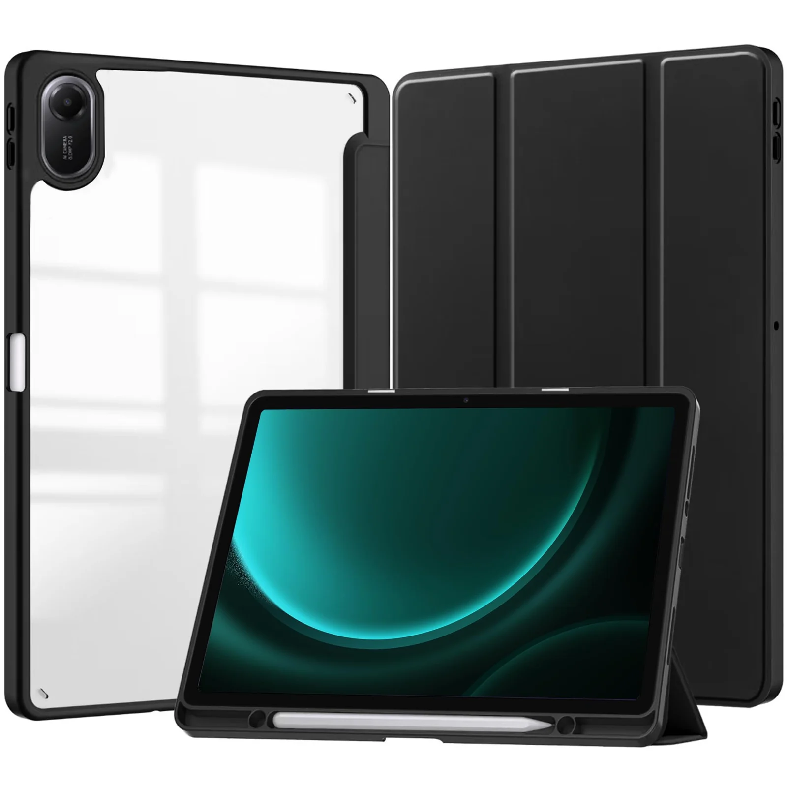DL3 Mobilak Case for Huawei MatePad 11.5 2023 & 2024 Released 11.5 inch with Built-in Pencil Holder, Clear Transparent PC Back, Shockproof Tri-Fold Stand Tablet Cover, Auto Wake/Sleep - Black