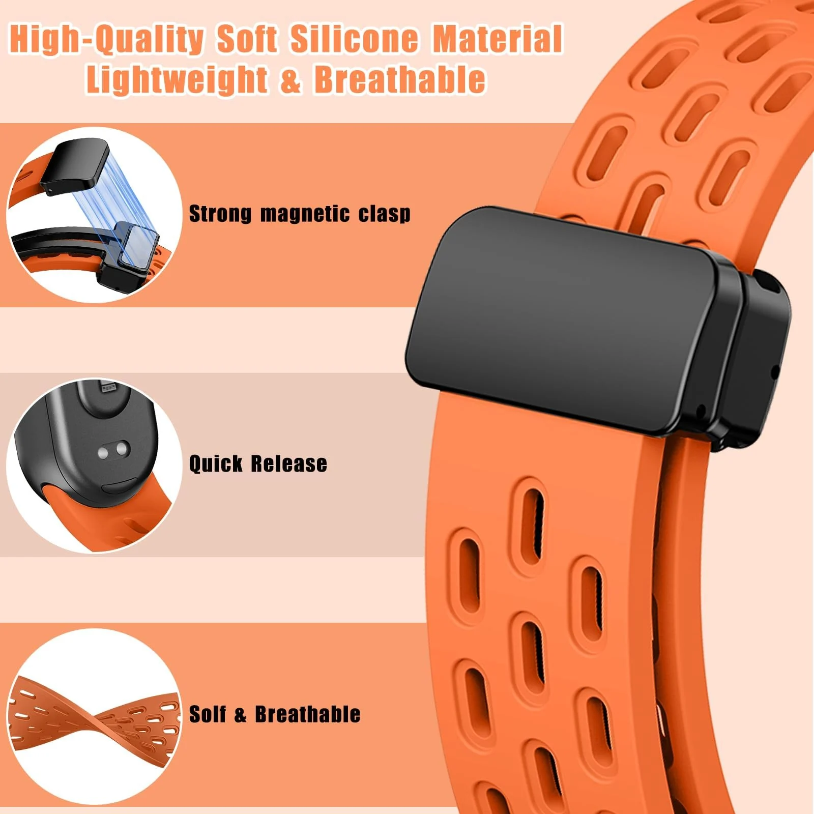 DL3 Mobilak Strap For Xiaomi Mi Band 10/9/8 Magnetic Metal Buckle Sport Silicone Breathable Strap for Men Women Band Quick Release Soft Replacment Wristband For Xiaomi Smart Band 8/9/10 - Orange